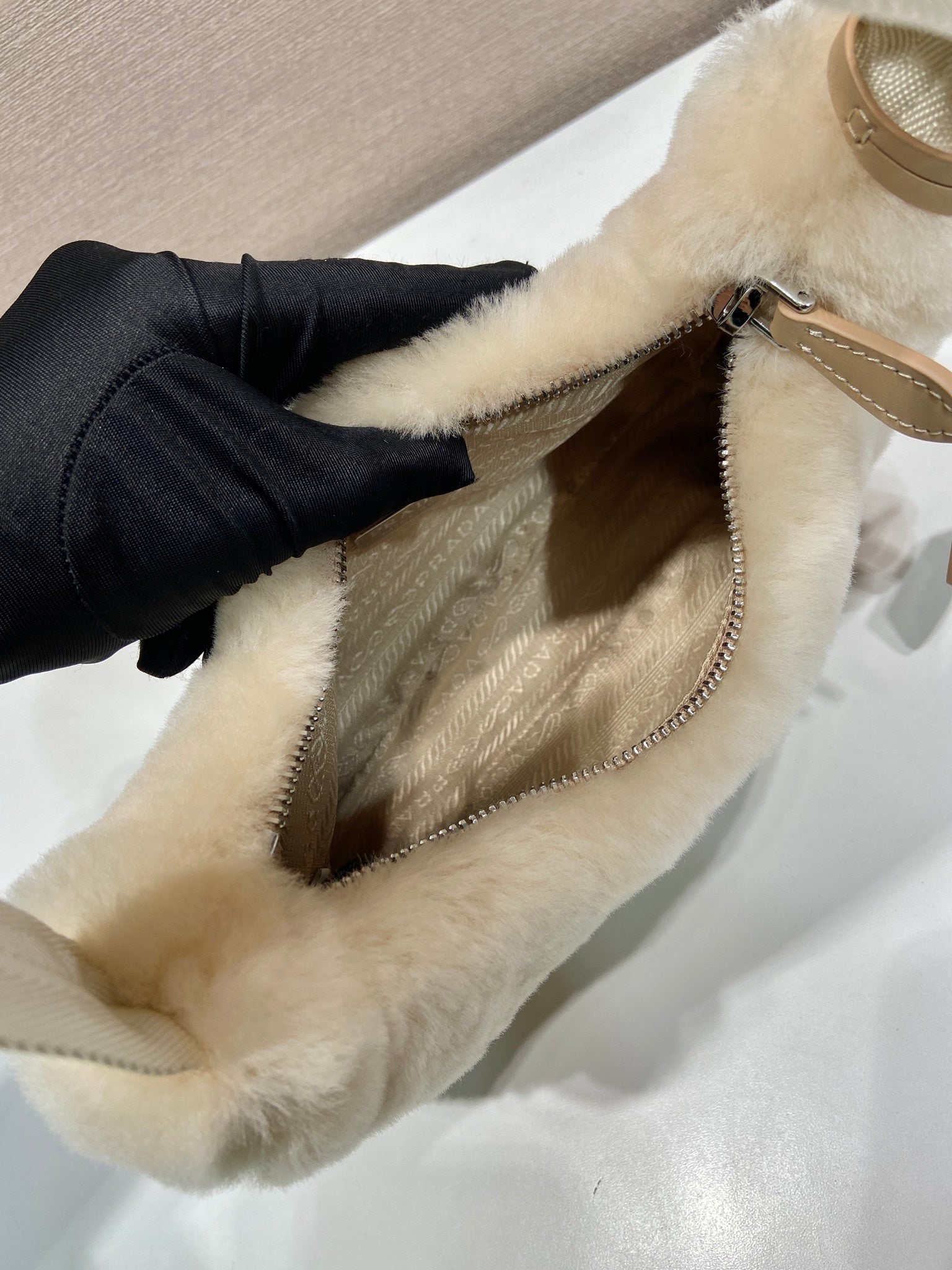 PRADA HOBO BAG 23 IN BEIGE RABBIT FUR