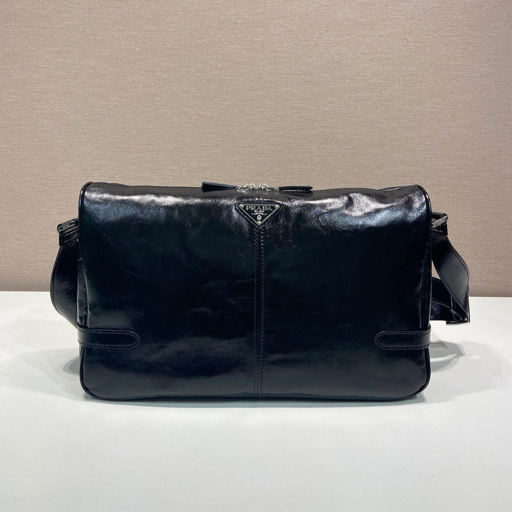 PRADA HOBO BAG 35 IN BLACK OIL WAX LAMBSKIN SILVER LOGO