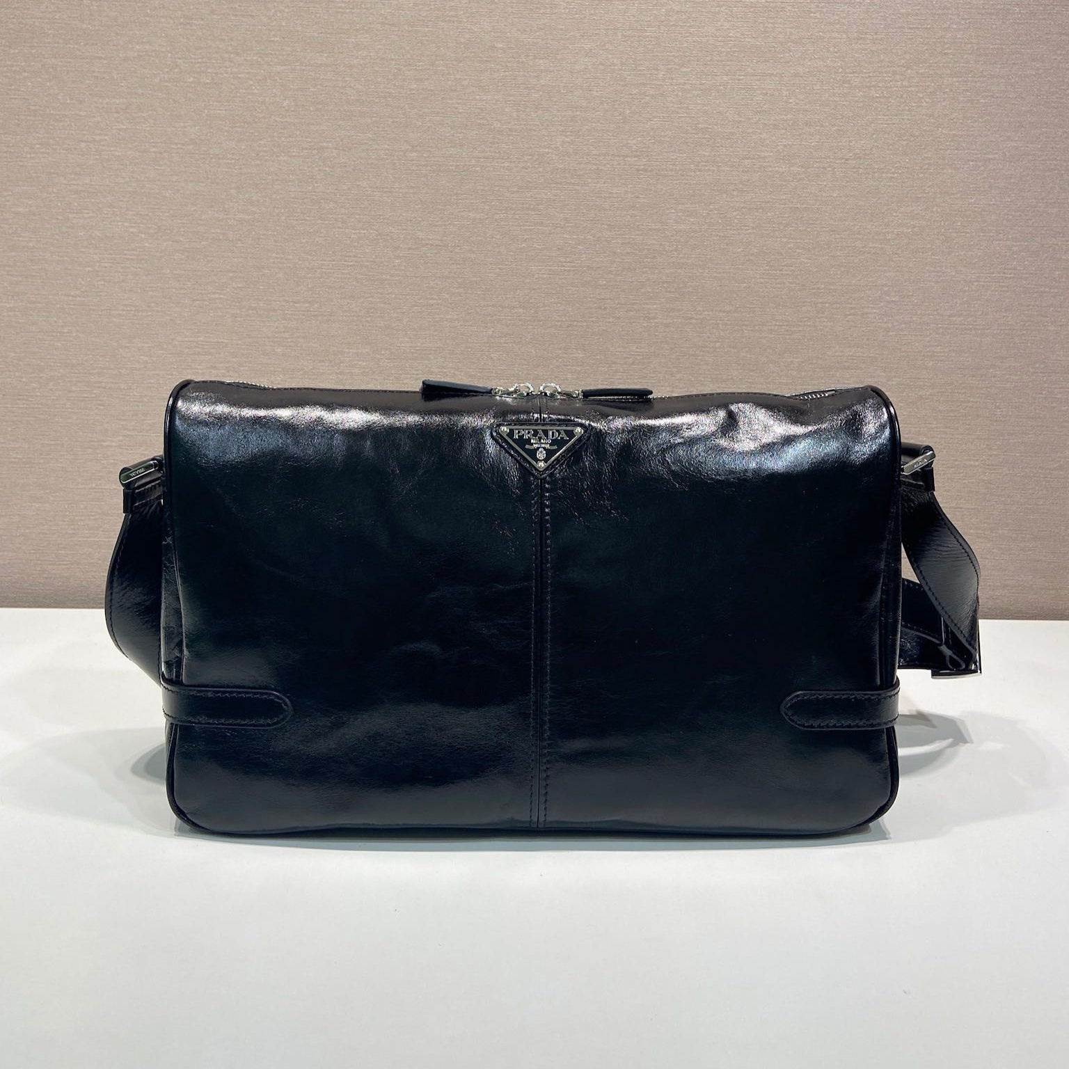 PRADA HOBO BAG 35 IN BLACK OIL WAX LAMBSKIN SILVER LOGO