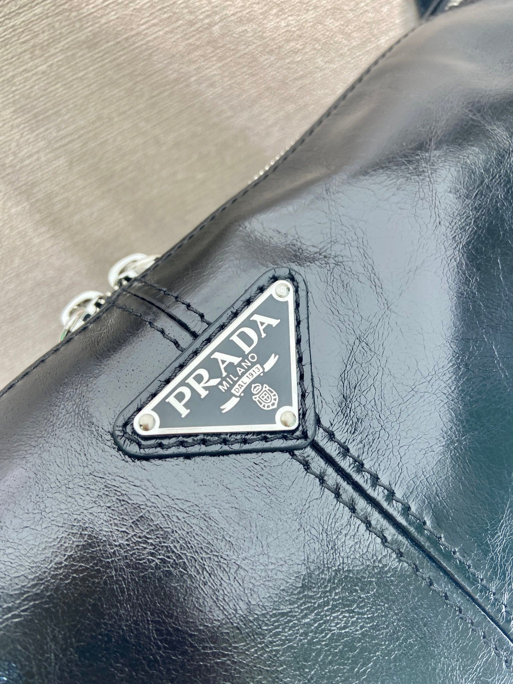 PRADA HOBO BAG 35 IN BLACK OIL WAX LAMBSKIN SILVER LOGO