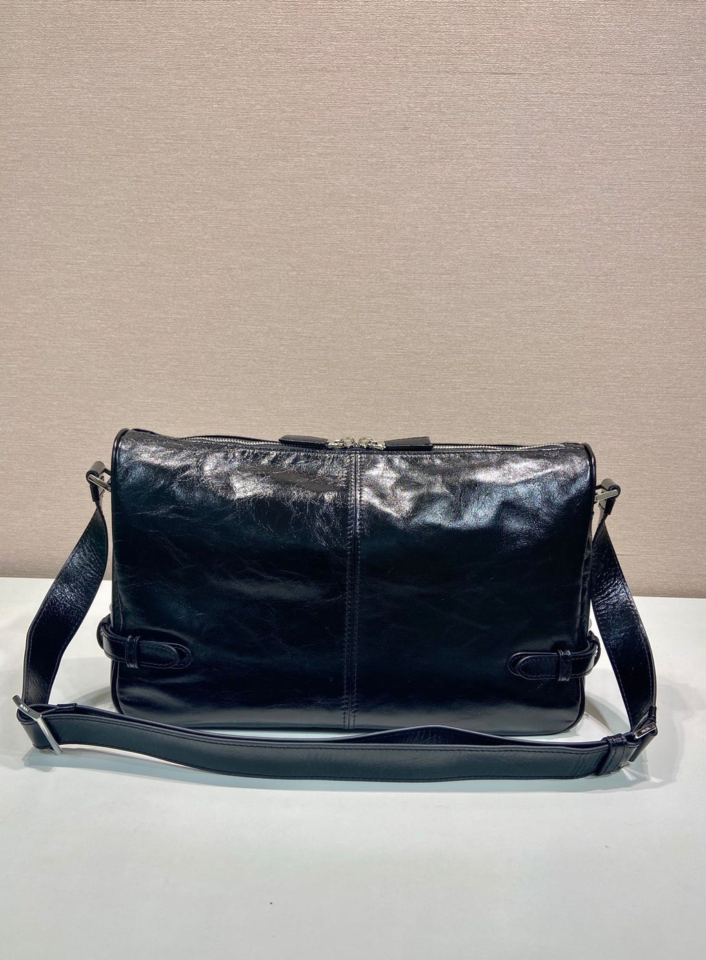 PRADA HOBO BAG 35 IN BLACK OIL WAX LAMBSKIN SILVER LOGO