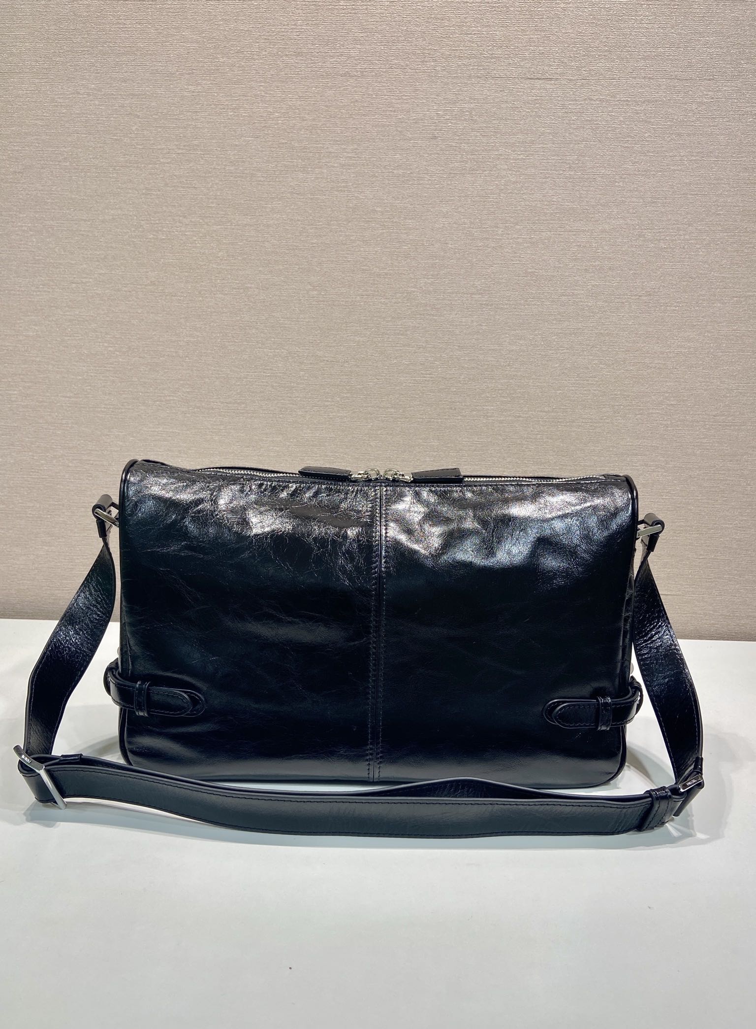 PRADA HOBO BAG 35 IN BLACK OIL WAX LAMBSKIN SILVER LOGO