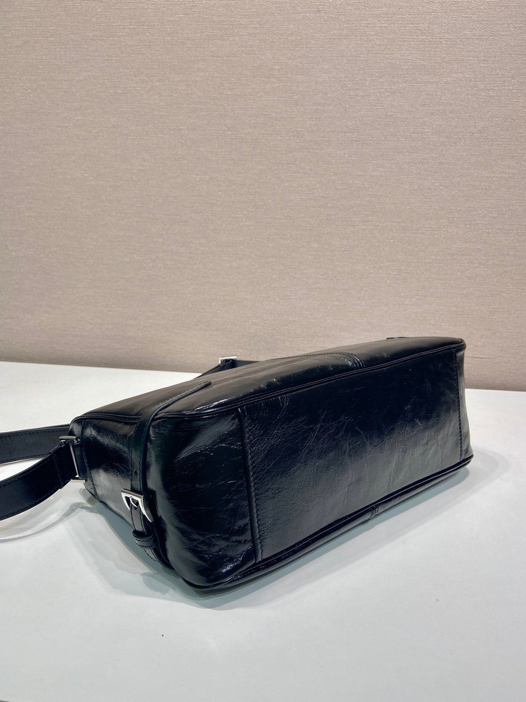 PRADA HOBO BAG 35 IN BLACK OIL WAX LAMBSKIN SILVER LOGO