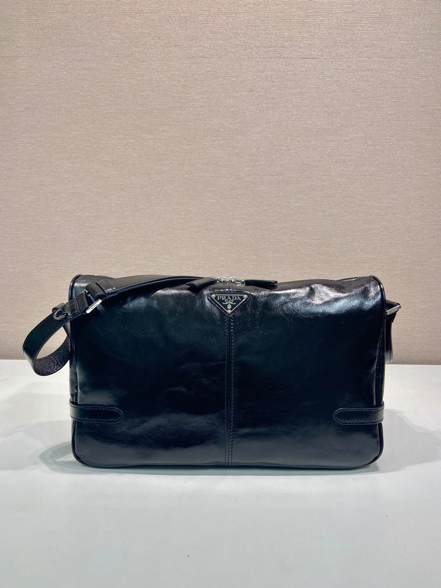 PRADA HOBO BAG 35 IN BLACK OIL WAX LAMBSKIN SILVER LOGO