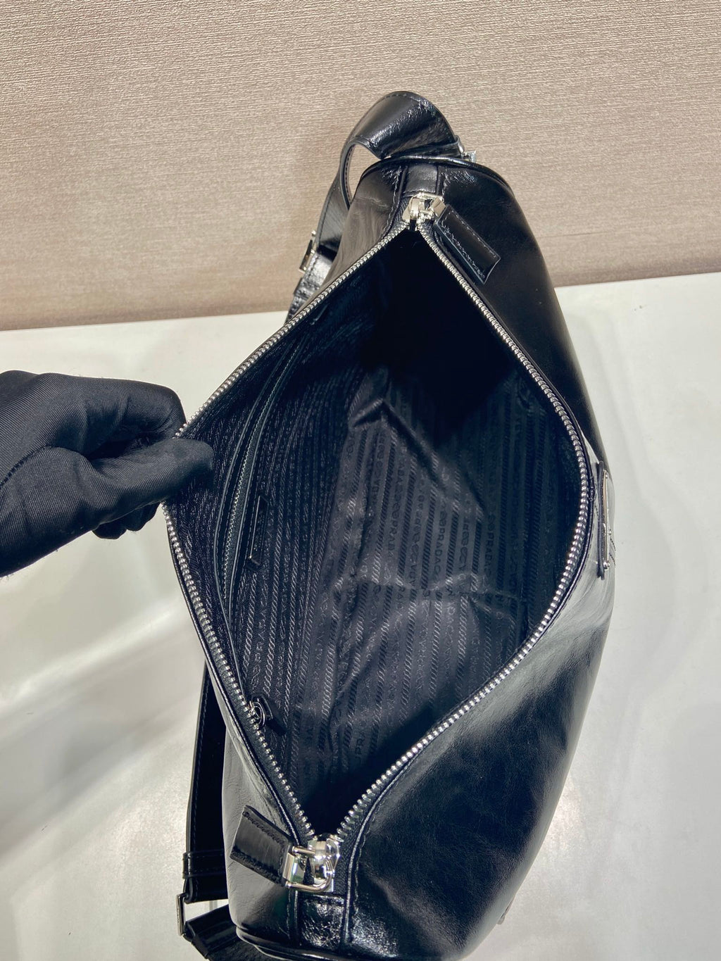 PRADA HOBO BAG 35 IN BLACK OIL WAX LAMBSKIN SILVER LOGO