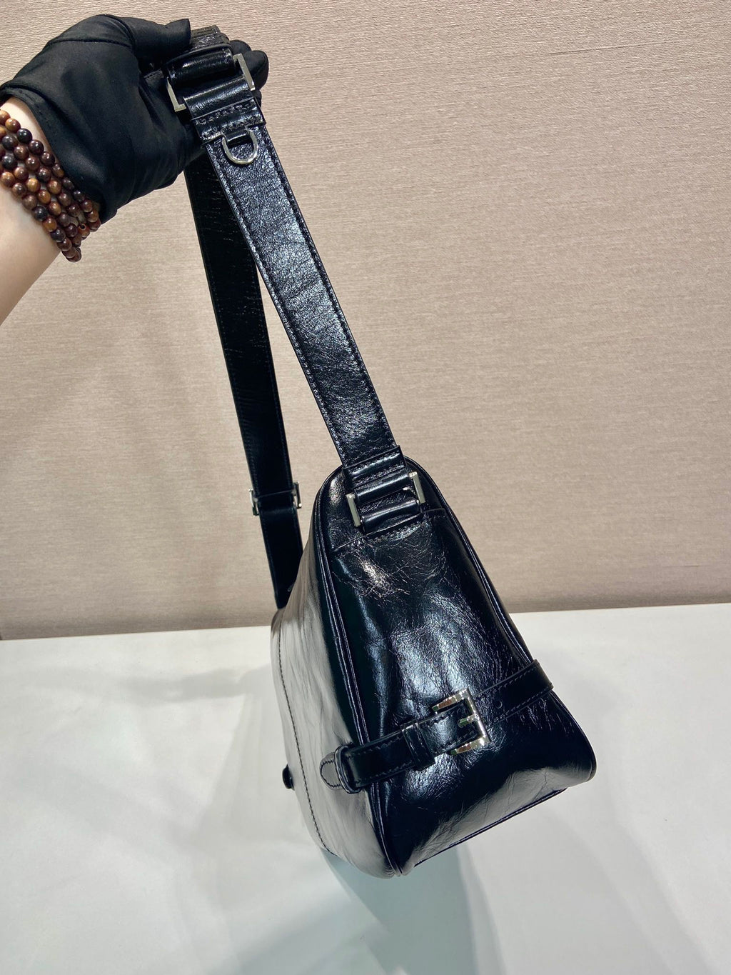 PRADA HOBO BAG 35 IN BLACK OIL WAX LAMBSKIN SILVER LOGO