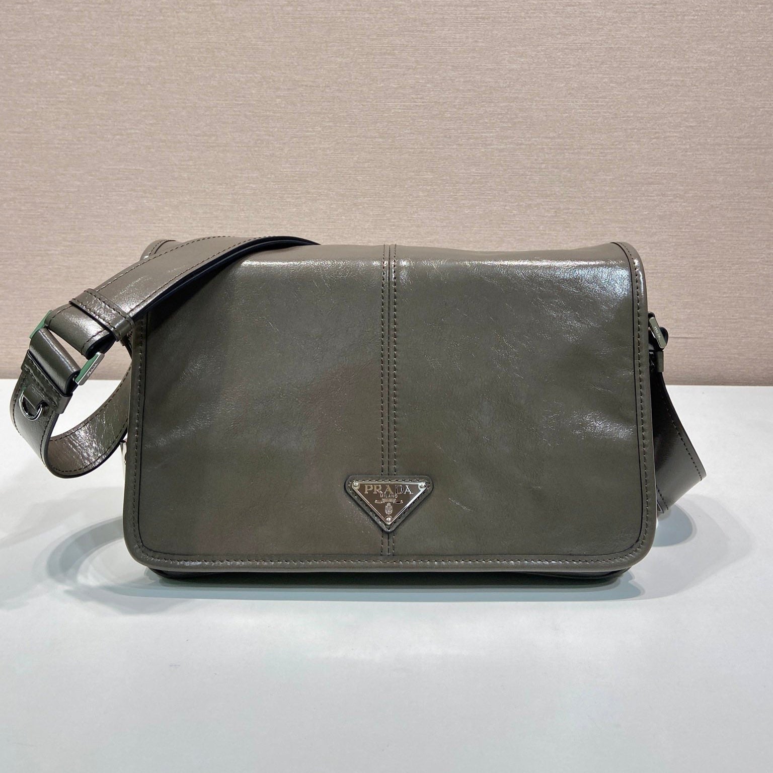 PRADA MESSENGER BAG 30 IN TROUT GRAY SOFT AND SHINY CALFSKIN