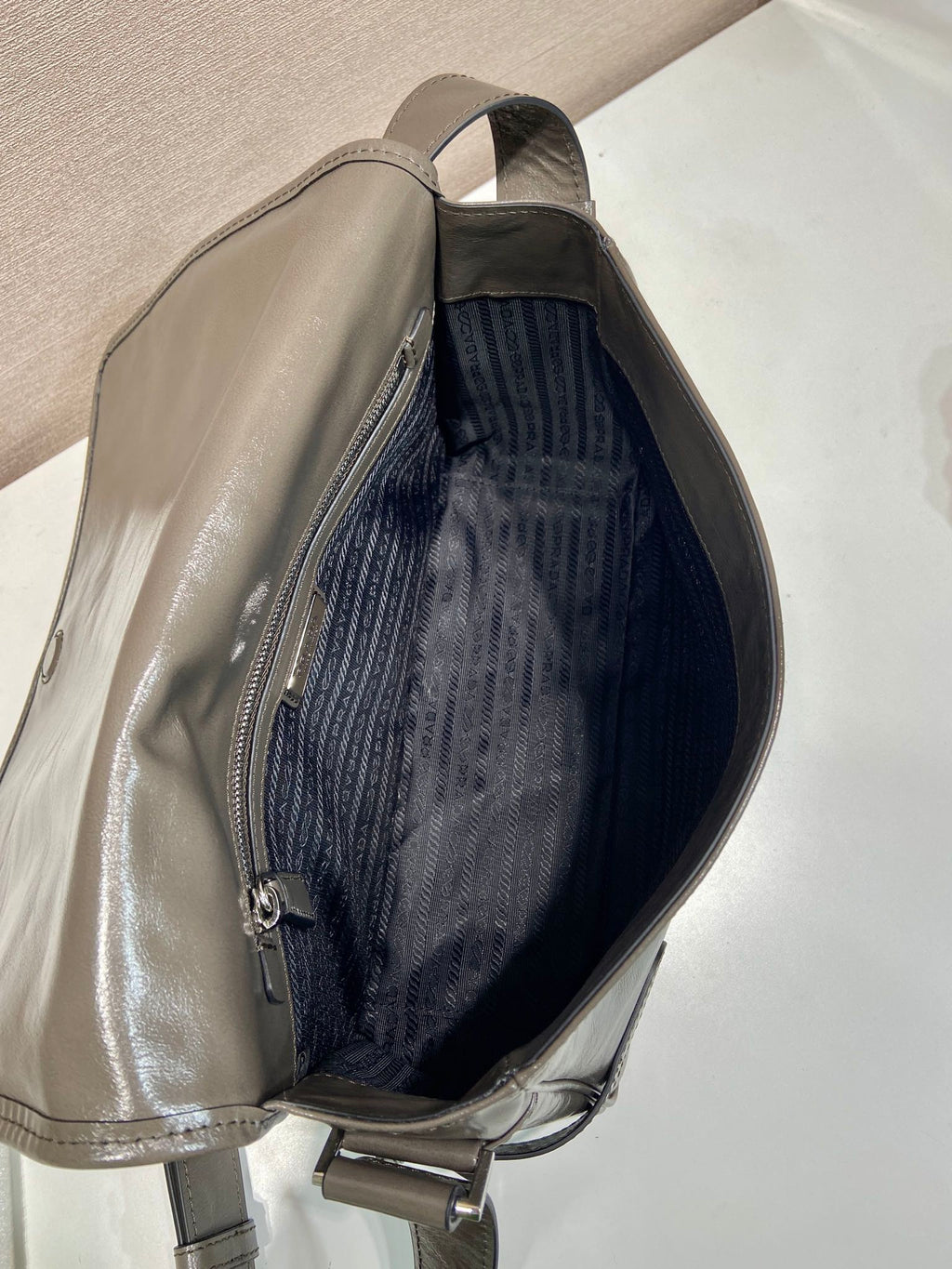 PRADA MESSENGER BAG 30 IN TROUT GRAY SOFT AND SHINY CALFSKIN