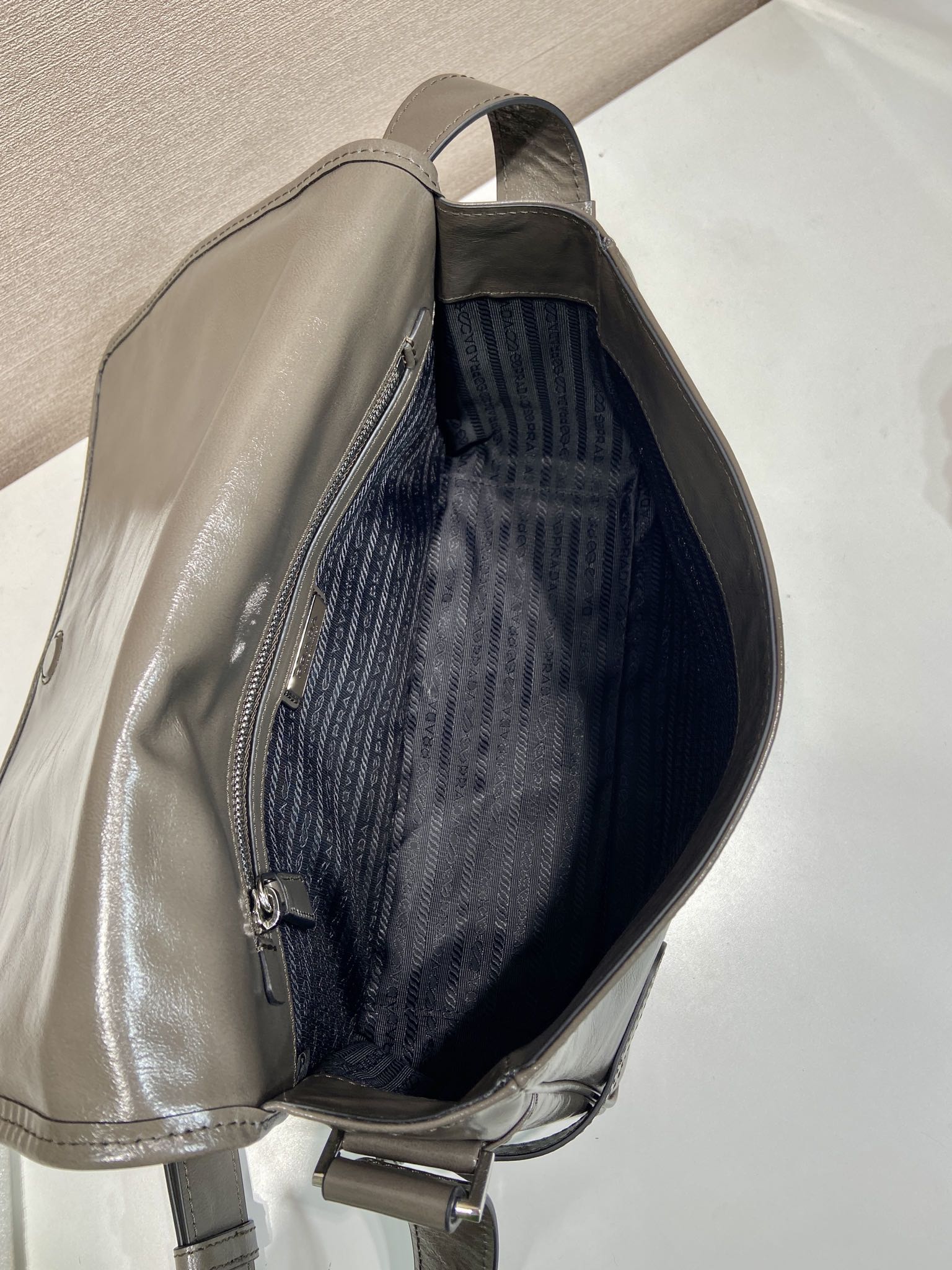 PRADA MESSENGER BAG 30 IN TROUT GRAY SOFT AND SHINY CALFSKIN