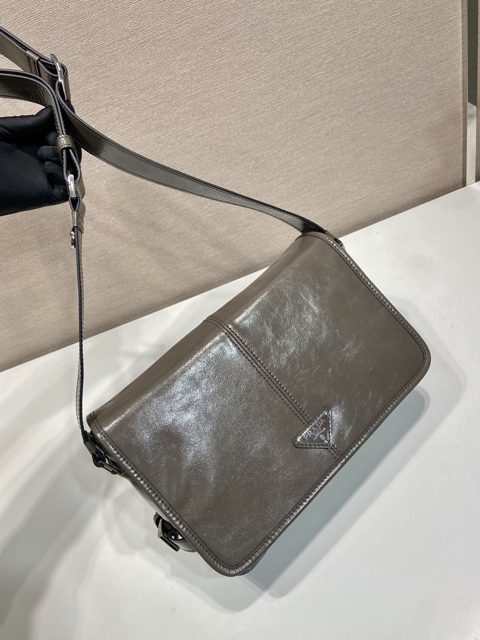 PRADA MESSENGER BAG 30 IN TROUT GRAY SOFT AND SHINY CALFSKIN