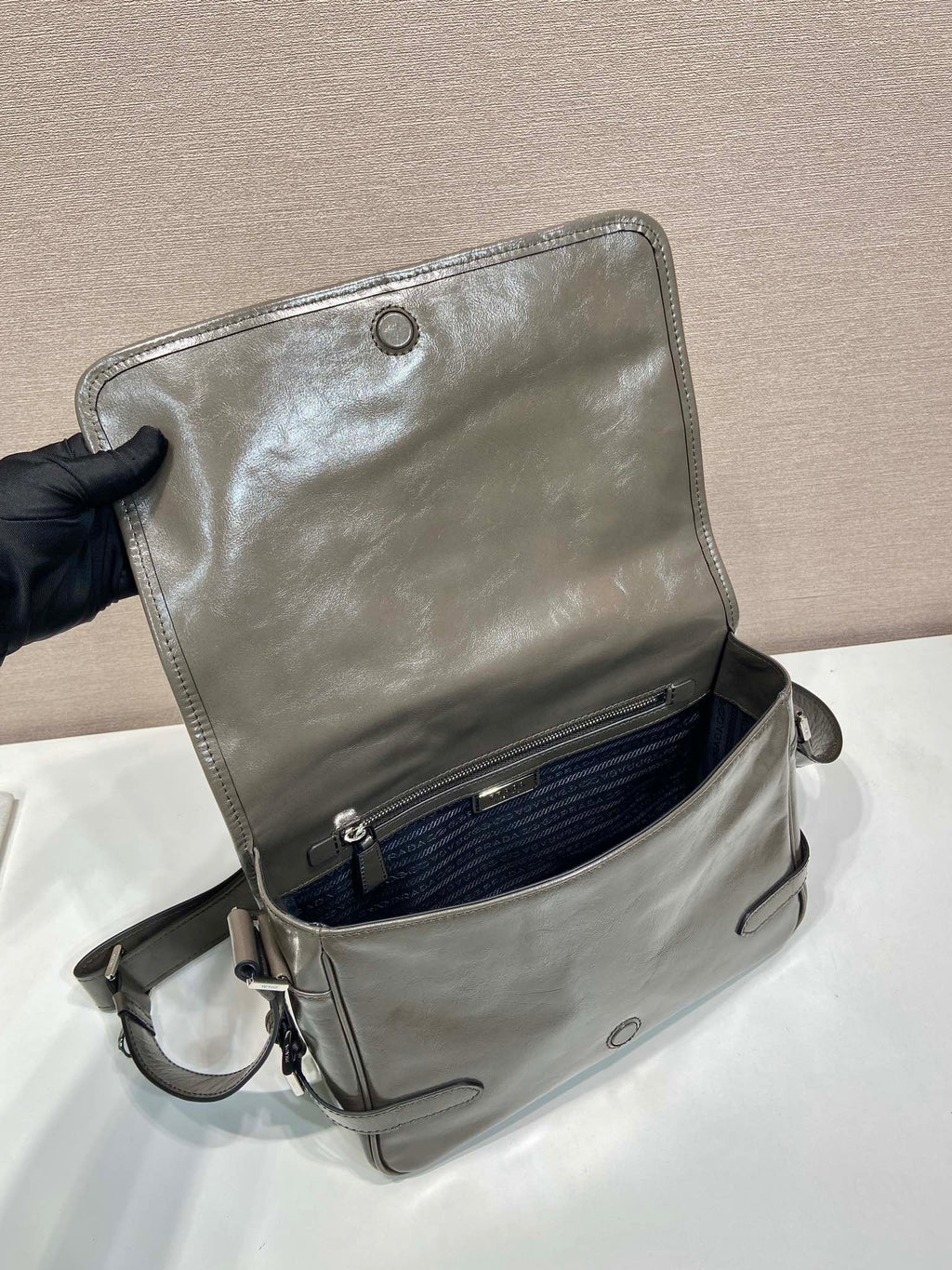 PRADA MESSENGER BAG 30 IN TROUT GRAY SOFT AND SHINY CALFSKIN