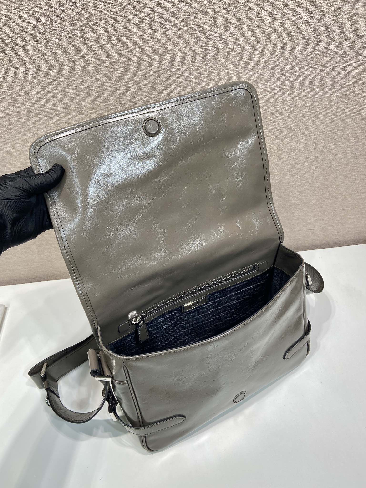 PRADA MESSENGER BAG 30 IN TROUT GRAY SOFT AND SHINY CALFSKIN