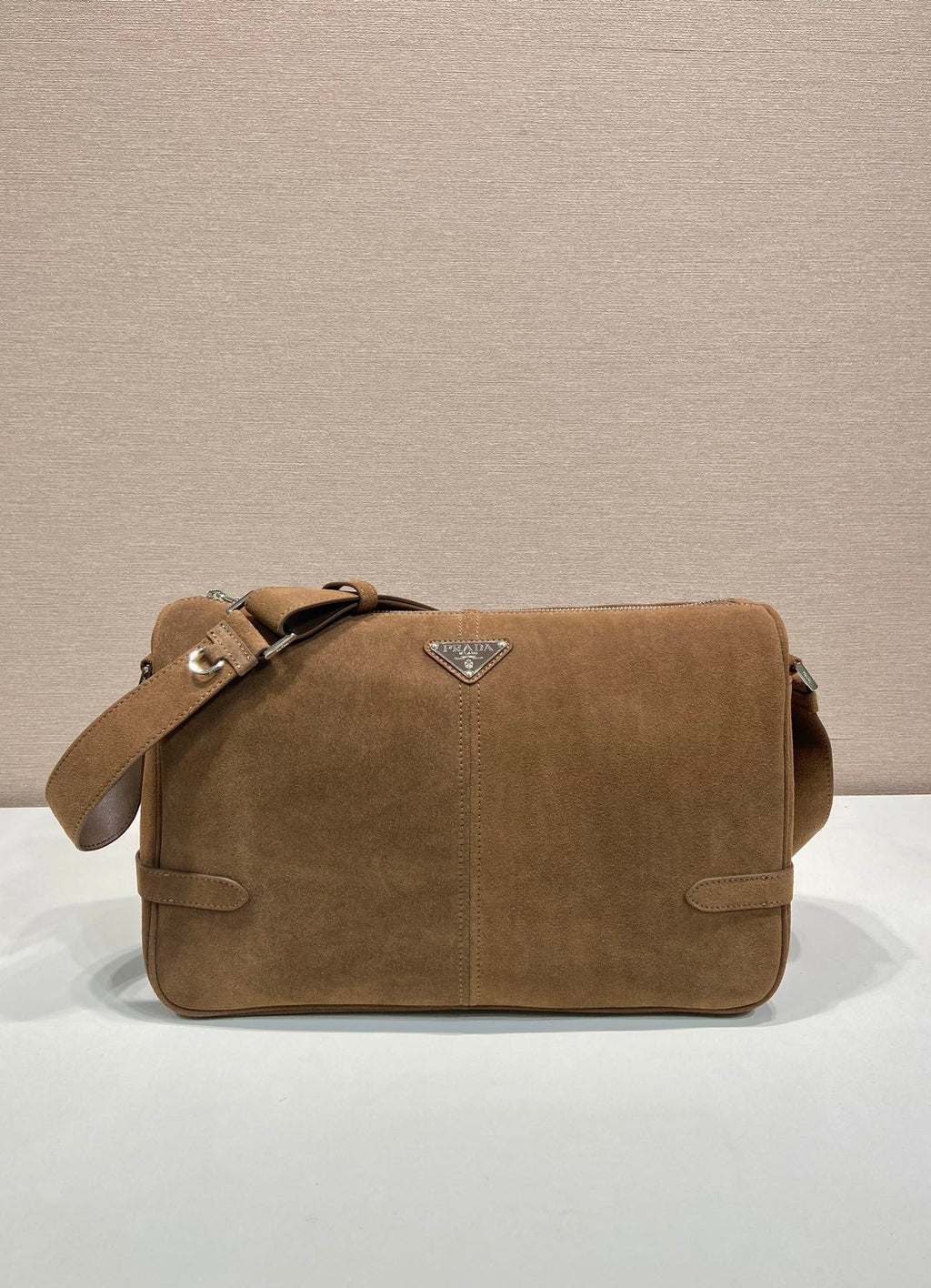 PRADA HOBO BAG 35 IN GINGERBREAD SUEDE SILVER LOGO