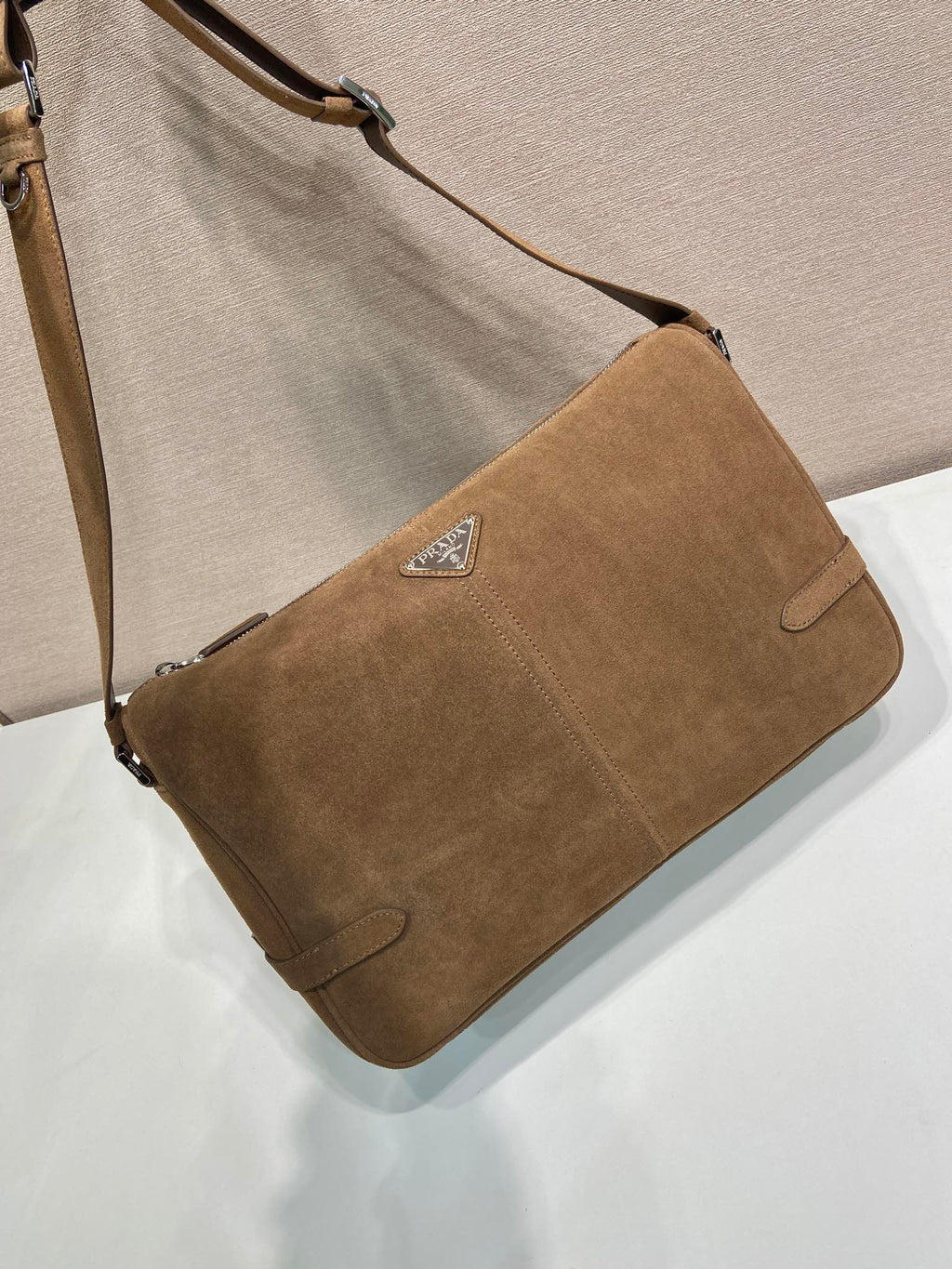 PRADA HOBO BAG 35 IN GINGERBREAD SUEDE SILVER LOGO