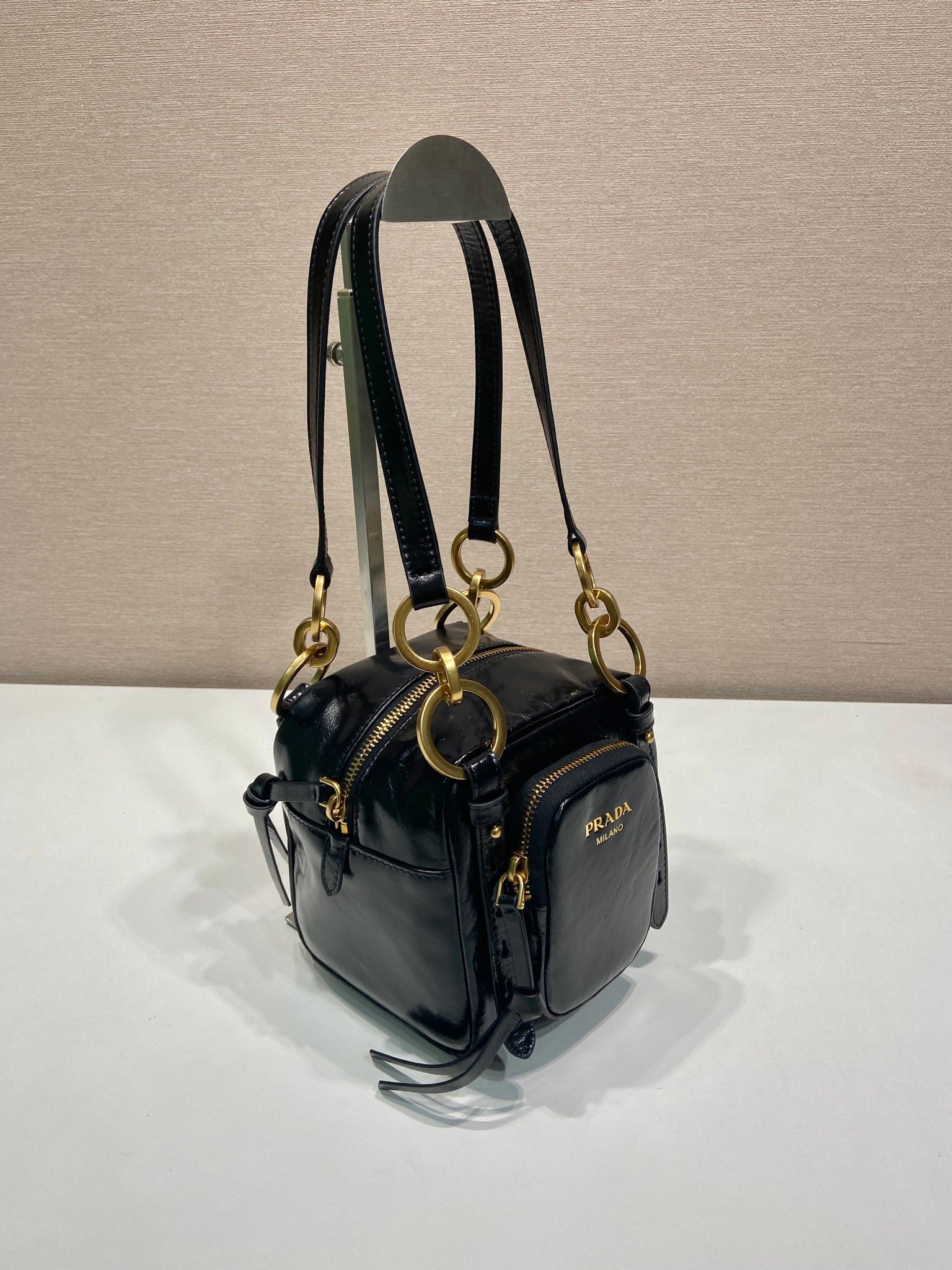 PRADA SMALL RECTANGULAR BAG 14 IN BLACK OIL WAX LAMBSKIN GOLD HARDWARE