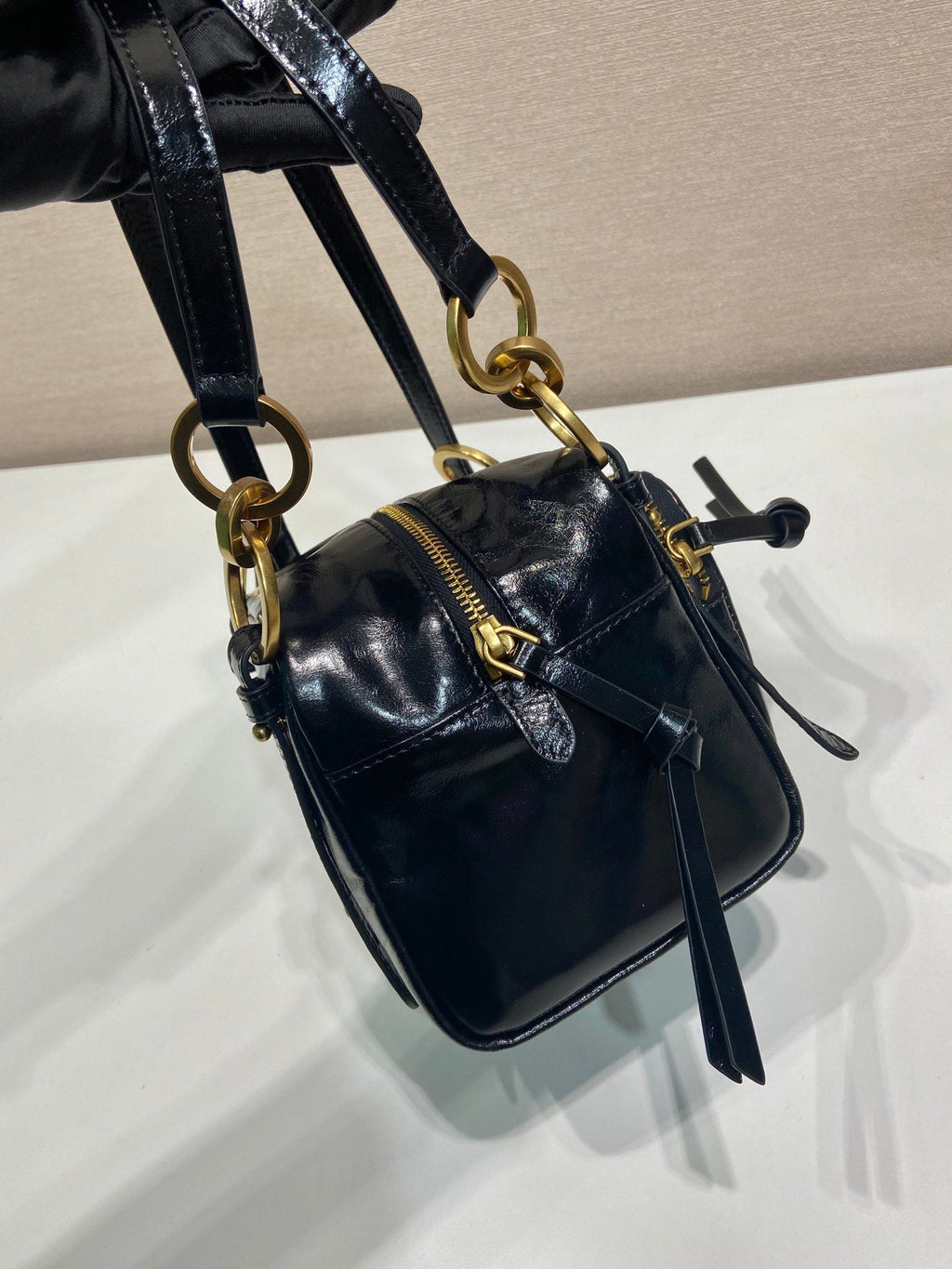 PRADA SMALL RECTANGULAR BAG 14 IN BLACK OIL WAX LAMBSKIN GOLD HARDWARE