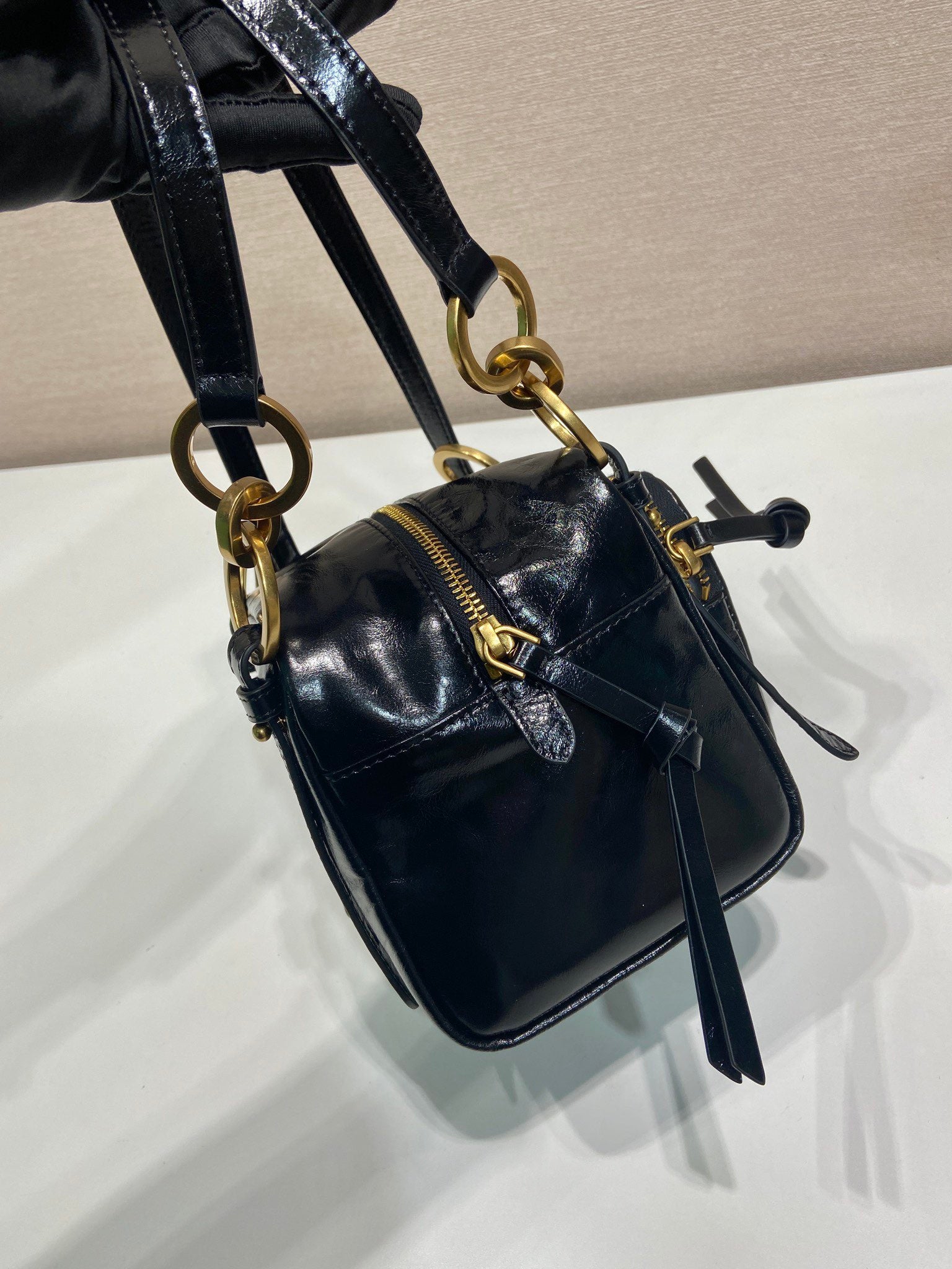 PRADA SMALL RECTANGULAR BAG 14 IN BLACK OIL WAX LAMBSKIN GOLD HARDWARE