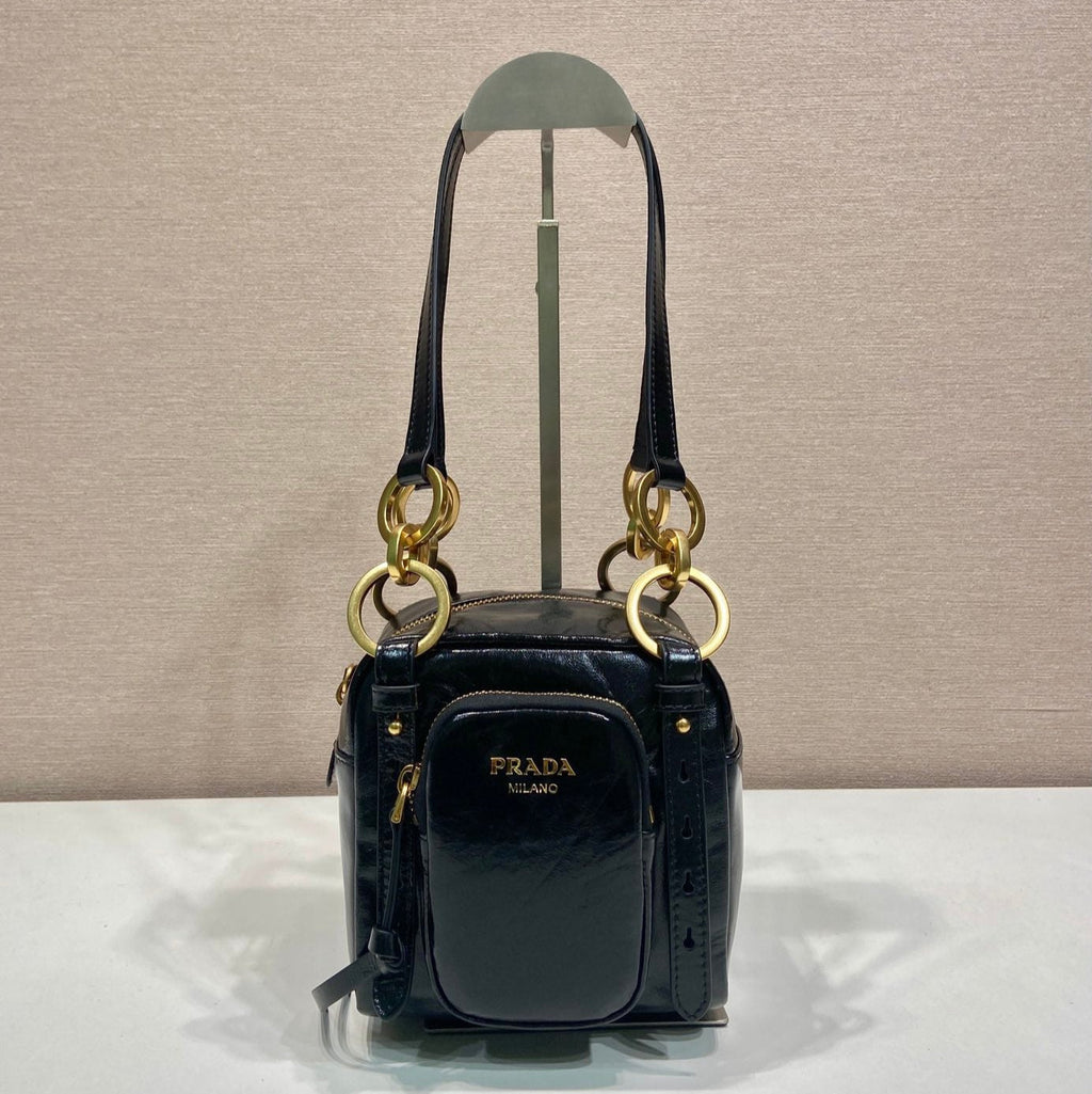 PRADA SMALL RECTANGULAR BAG 14 IN BLACK OIL WAX LAMBSKIN GOLD HARDWARE