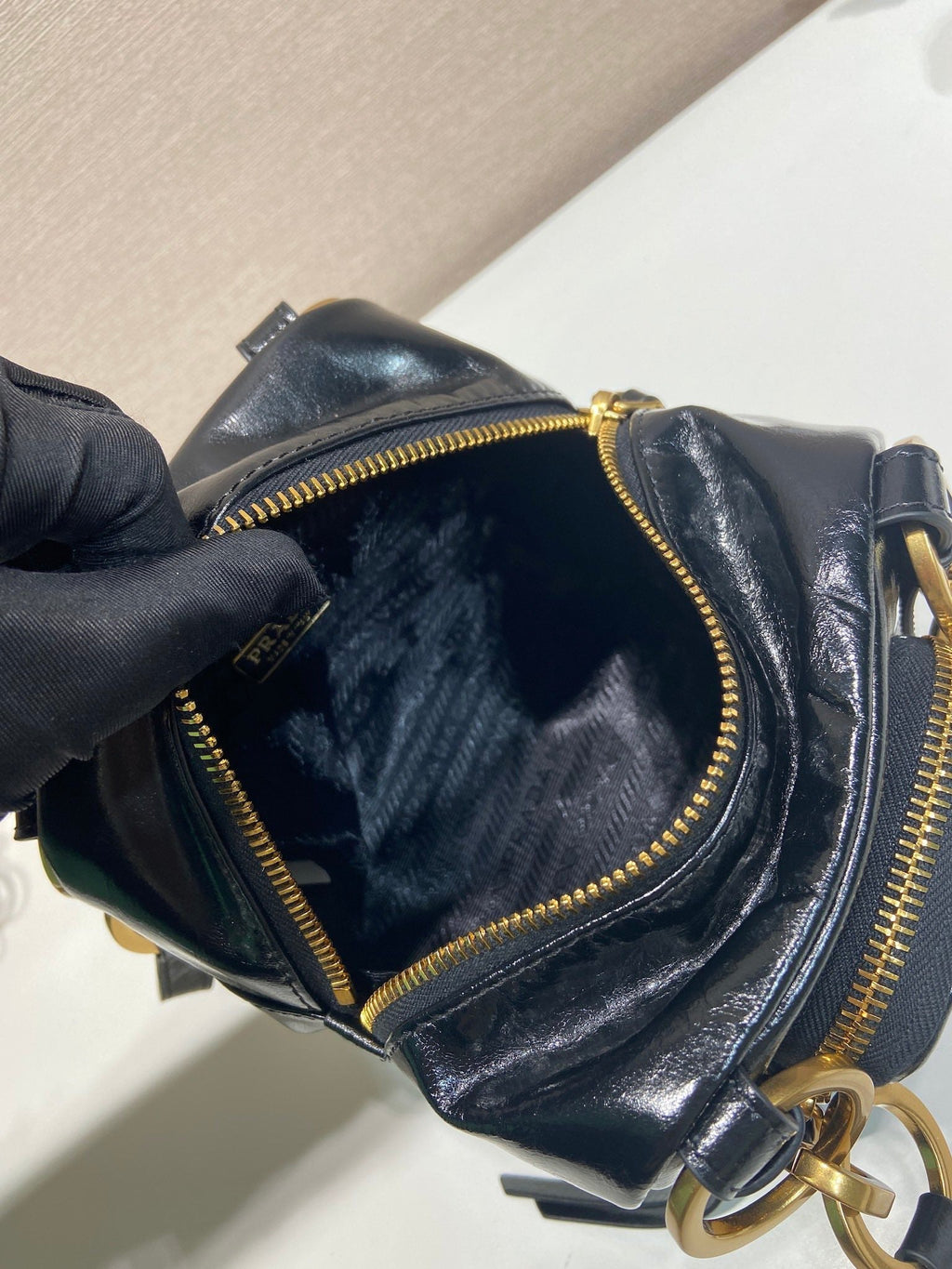 PRADA SMALL RECTANGULAR BAG 14 IN BLACK OIL WAX LAMBSKIN GOLD HARDWARE