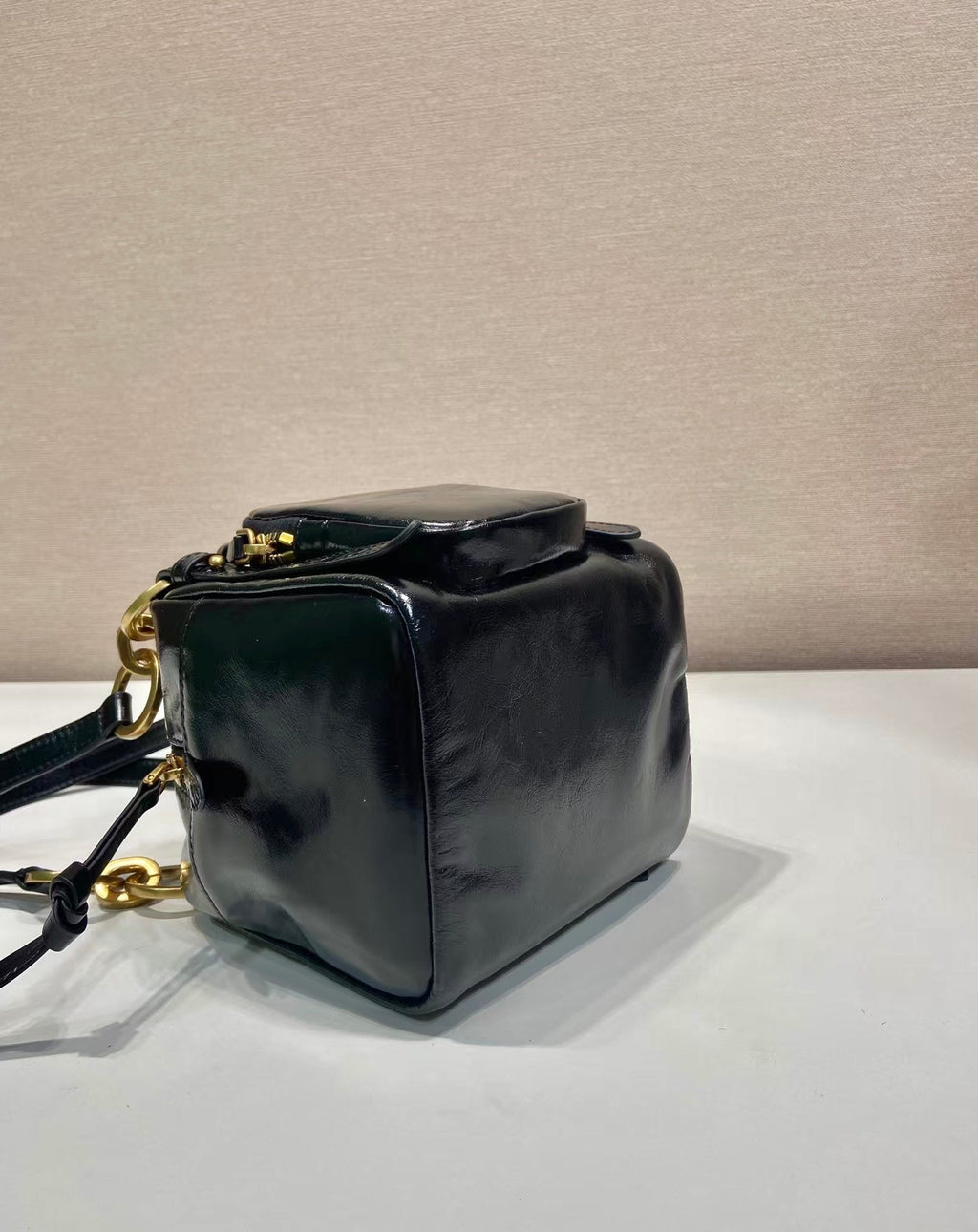 PRADA SMALL RECTANGULAR BAG 14 IN BLACK OIL WAX LAMBSKIN GOLD HARDWARE