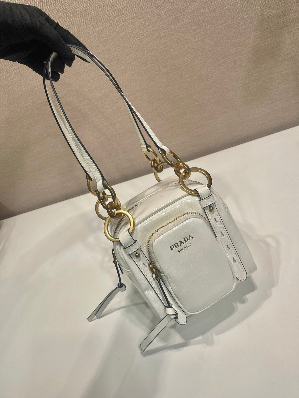 PRADA SMALL RECTANGULAR BAG 14 IN WHITE OIL WAX LAMBSKIN GOLD HARDWARE