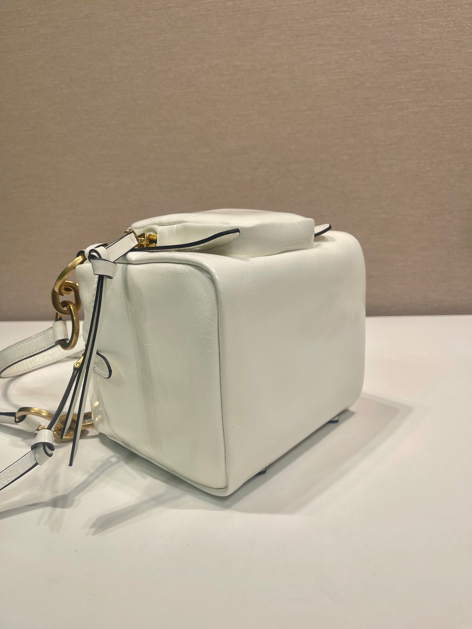 PRADA SMALL RECTANGULAR BAG 14 IN WHITE OIL WAX LAMBSKIN GOLD HARDWARE
