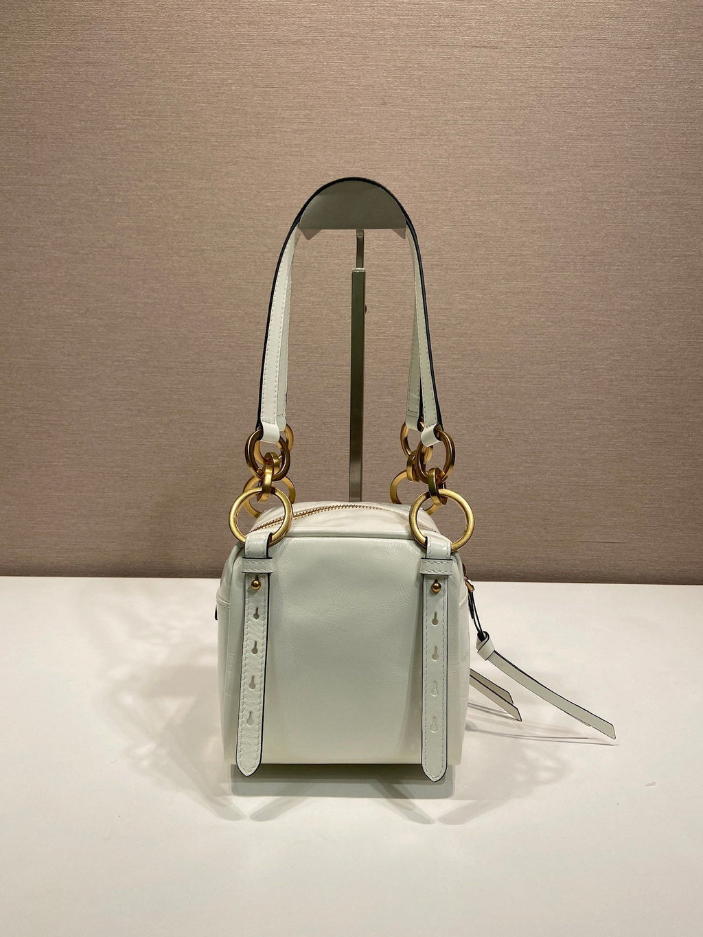 PRADA SMALL RECTANGULAR BAG 14 IN WHITE OIL WAX LAMBSKIN GOLD HARDWARE