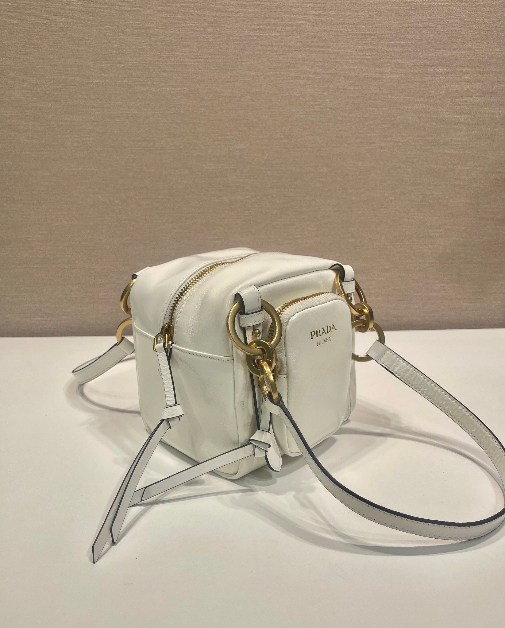 PRADA SMALL RECTANGULAR BAG 14 IN WHITE OIL WAX LAMBSKIN GOLD HARDWARE