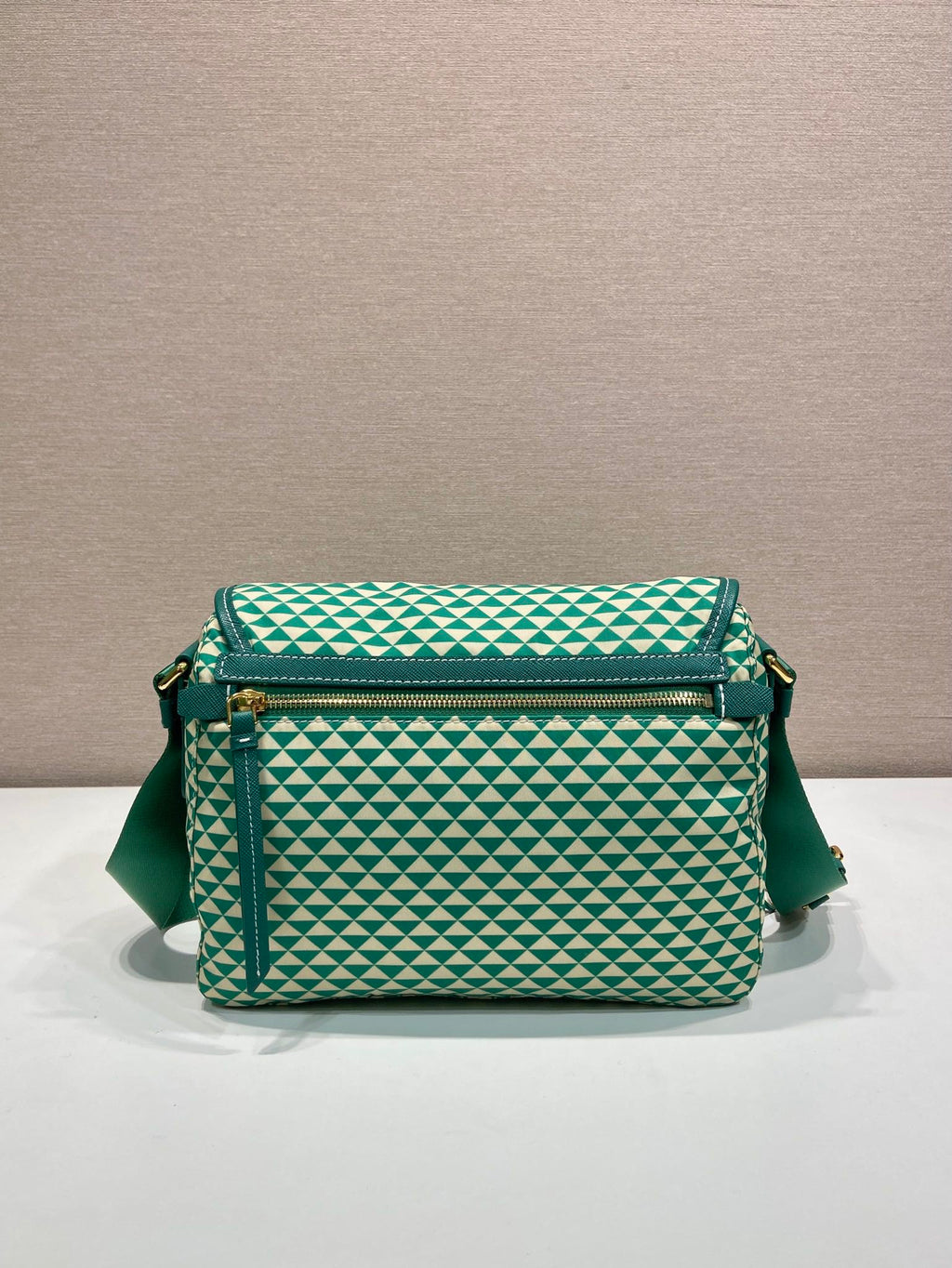 PRADA MESSENGER BAG 25 IN FOREST GREEN MIX CREAM TRIANGLE PATTERN EMBROIDERED FABRIC