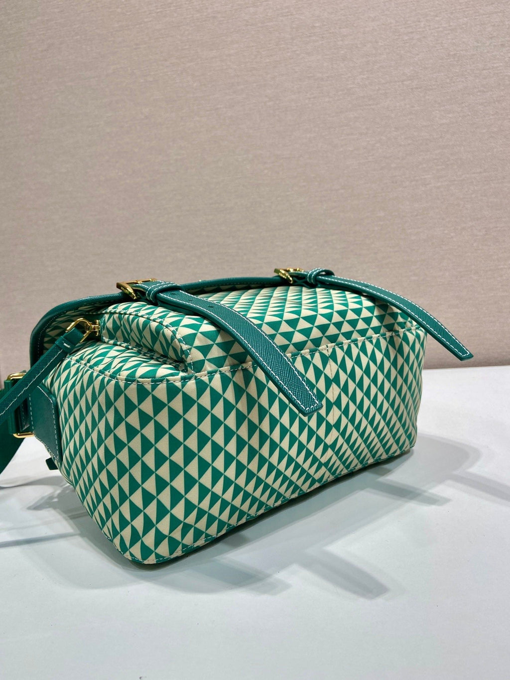 PRADA MESSENGER BAG 25 IN FOREST GREEN MIX CREAM TRIANGLE PATTERN EMBROIDERED FABRIC