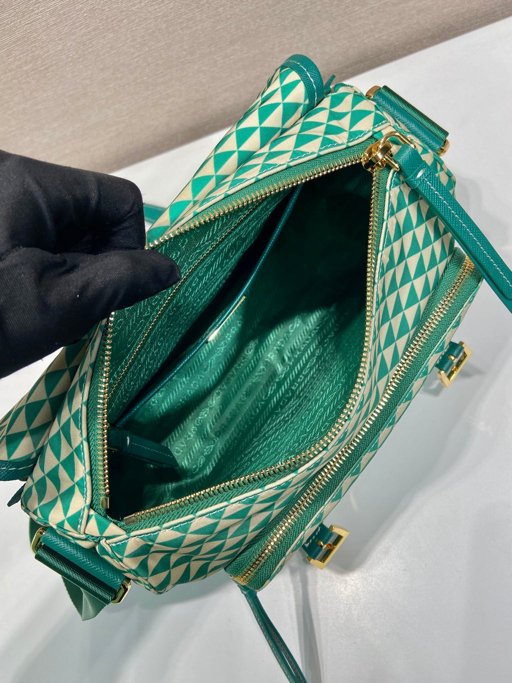 PRADA MESSENGER BAG 25 IN FOREST GREEN MIX CREAM TRIANGLE PATTERN EMBROIDERED FABRIC