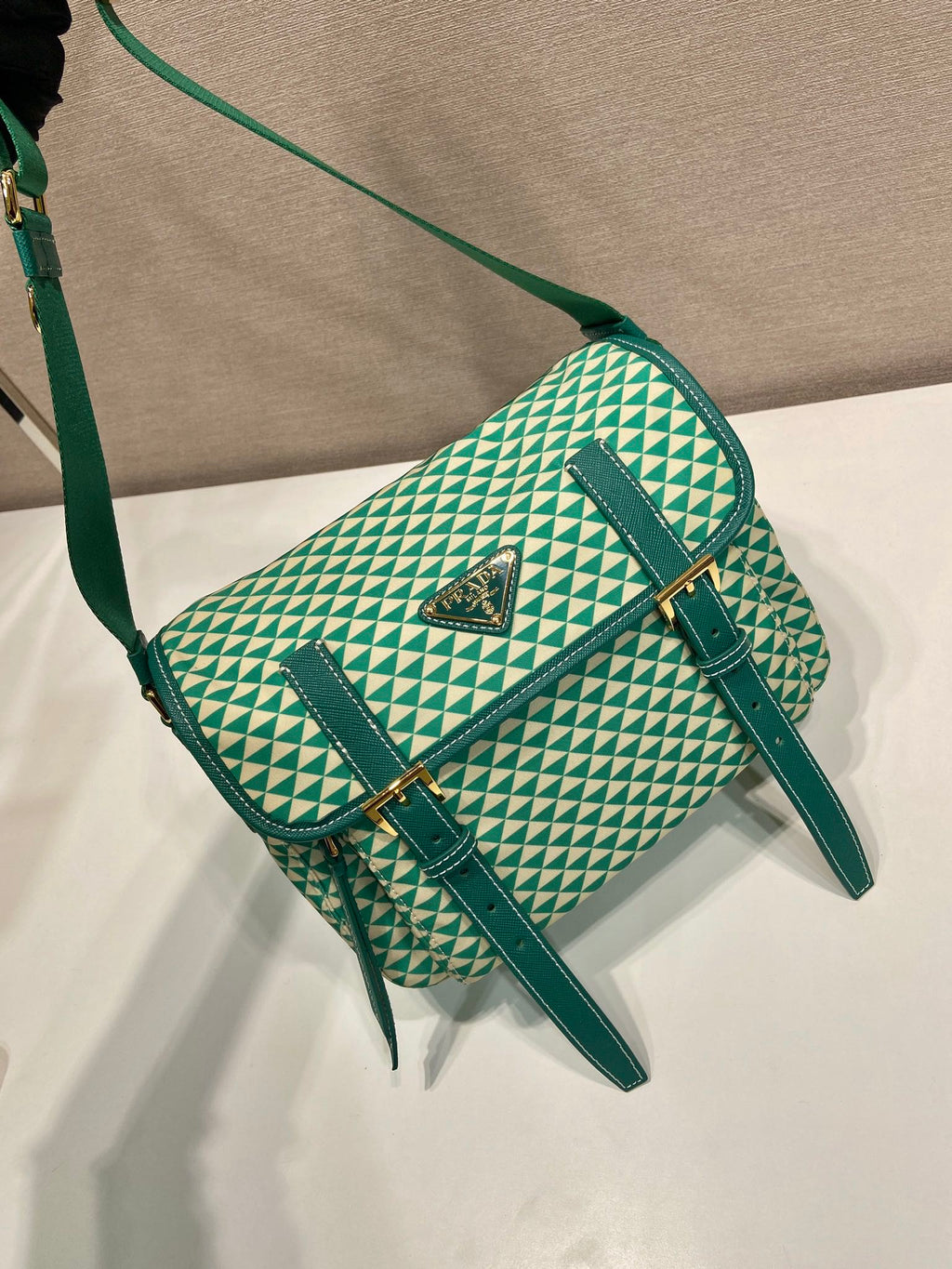 PRADA MESSENGER BAG 25 IN FOREST GREEN MIX CREAM TRIANGLE PATTERN EMBROIDERED FABRIC