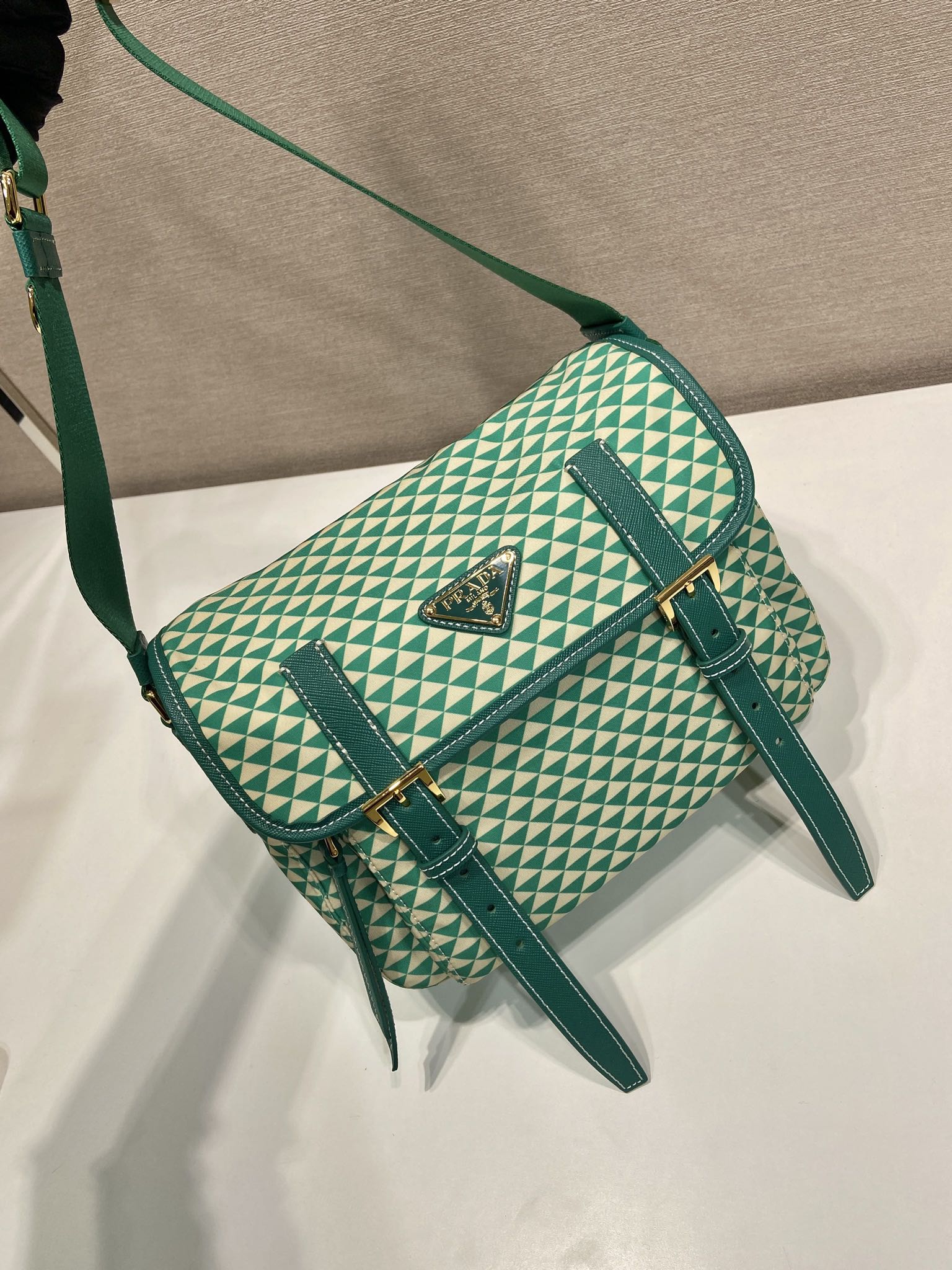 PRADA MESSENGER BAG 25 IN FOREST GREEN MIX CREAM TRIANGLE PATTERN EMBROIDERED FABRIC