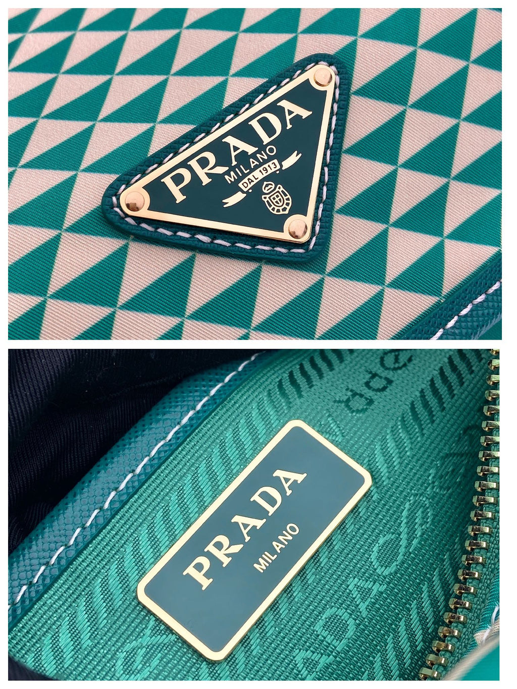 PRADA MESSENGER BAG 25 IN FOREST GREEN MIX CREAM TRIANGLE PATTERN EMBROIDERED FABRIC