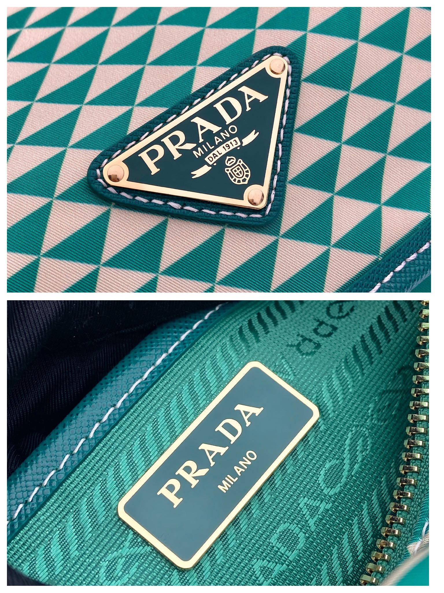 PRADA MESSENGER BAG 25 IN FOREST GREEN MIX CREAM TRIANGLE PATTERN EMBROIDERED FABRIC