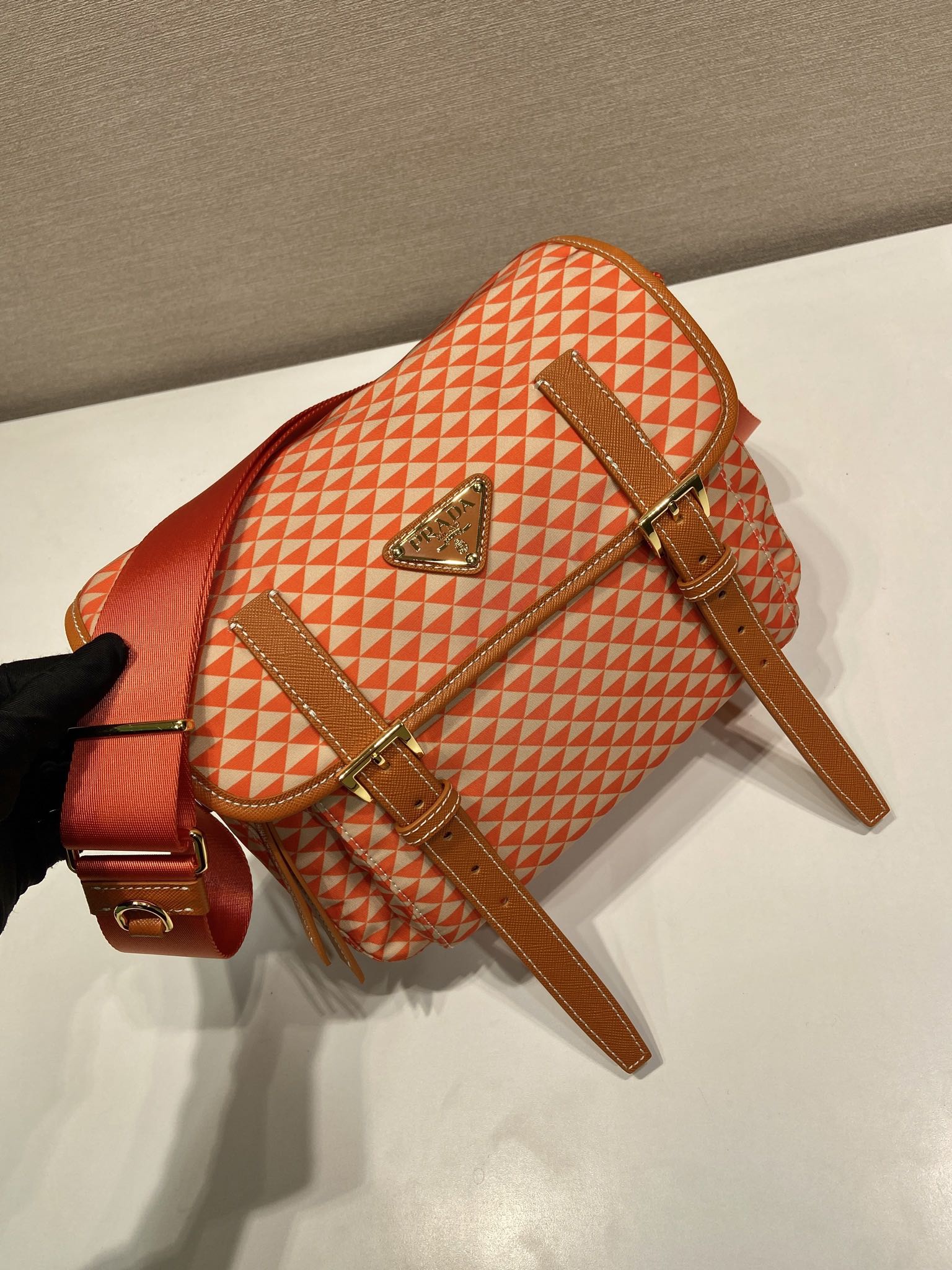 PRADA MESSENGER BAG 25 IN ORANGE MIX CREAM TRIANGLE PATTERN EMBROIDERED FABRIC