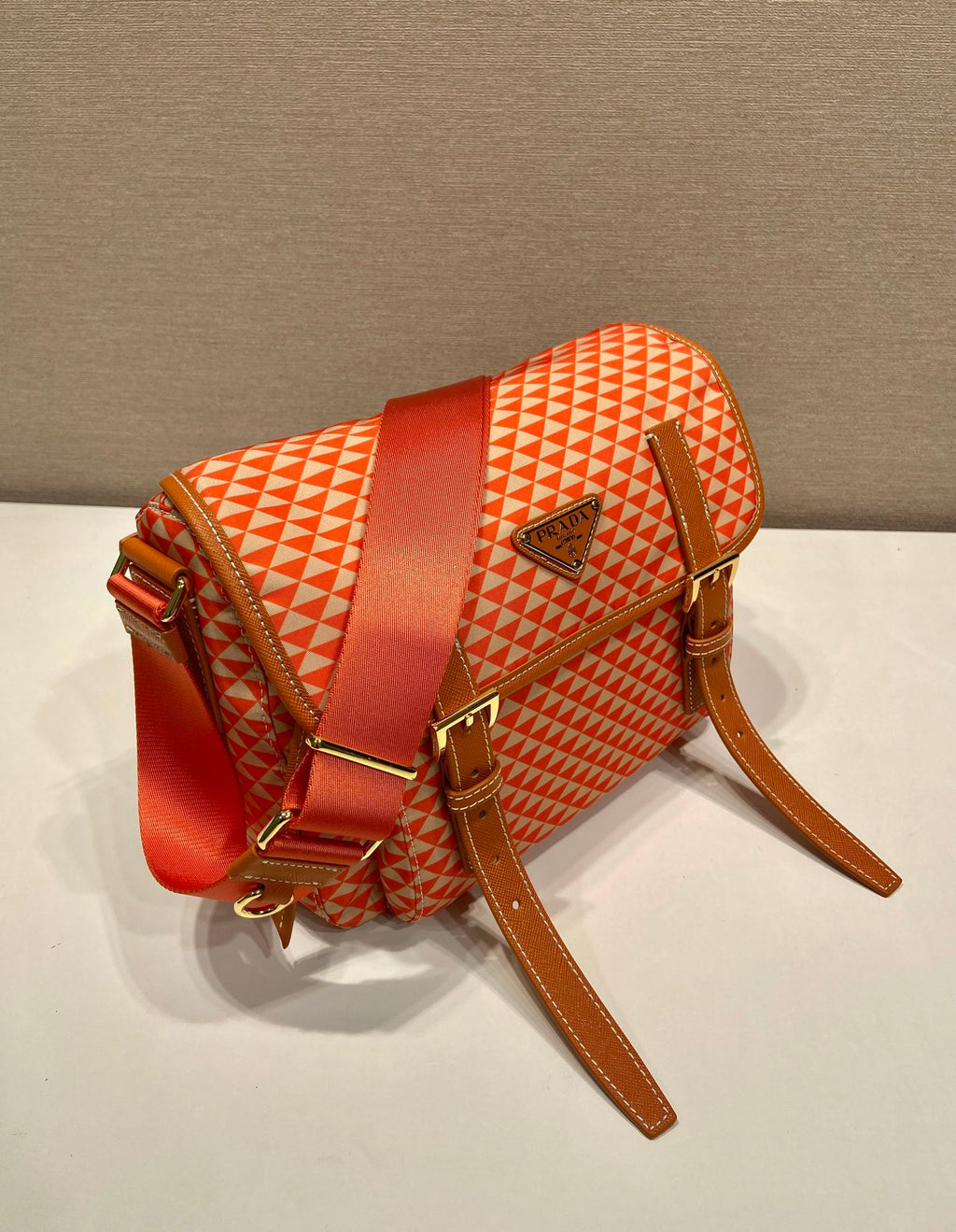 PRADA MESSENGER BAG 25 IN ORANGE MIX CREAM TRIANGLE PATTERN EMBROIDERED FABRIC