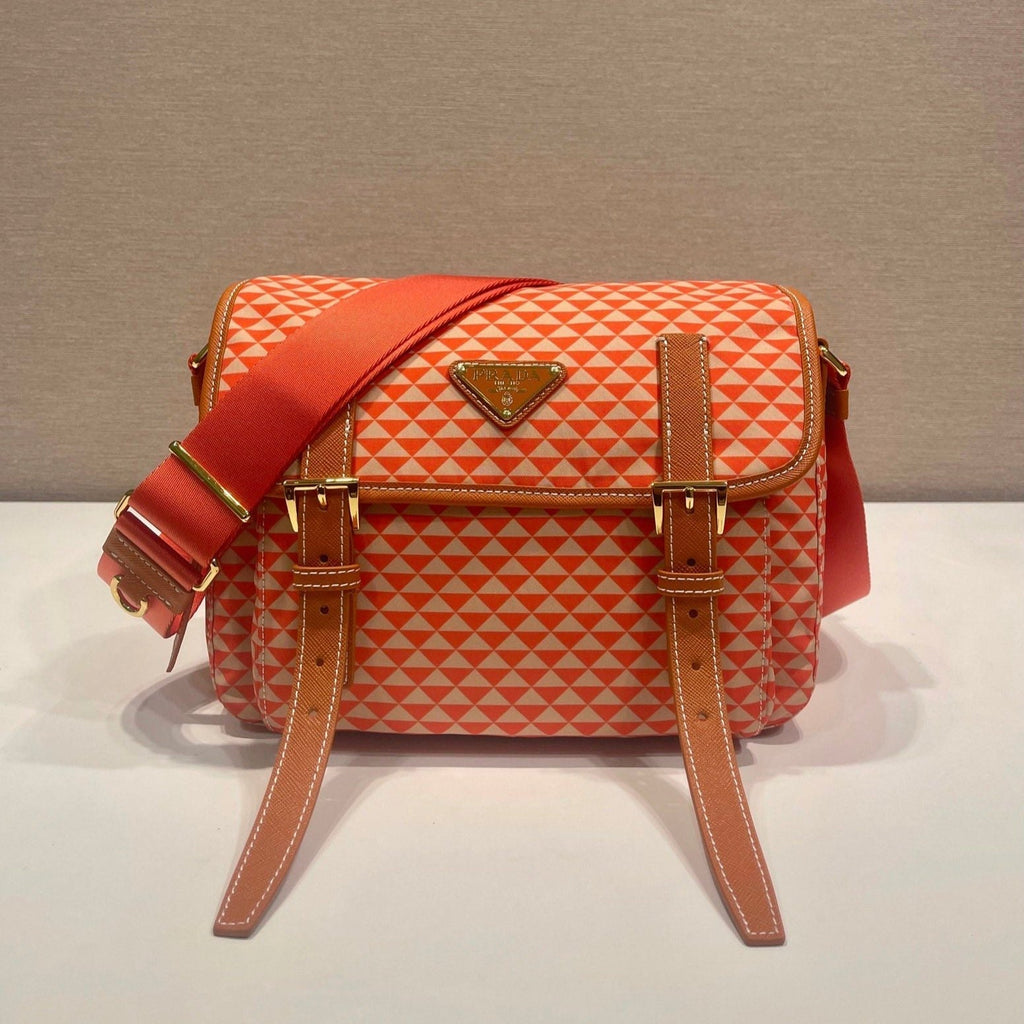 PRADA MESSENGER BAG 25 IN ORANGE MIX CREAM TRIANGLE PATTERN EMBROIDERED FABRIC