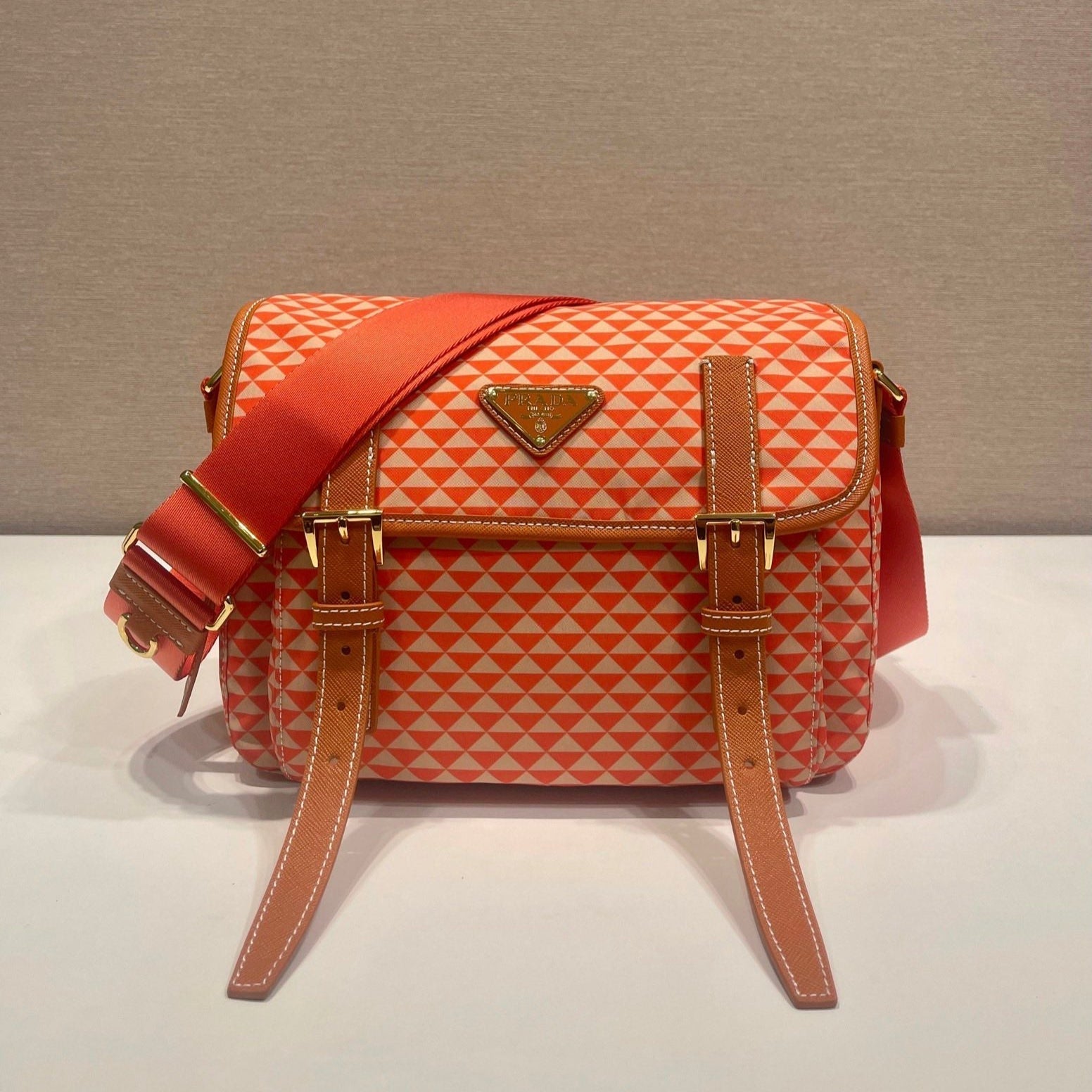 PRADA MESSENGER BAG 25 IN ORANGE MIX CREAM TRIANGLE PATTERN EMBROIDERED FABRIC