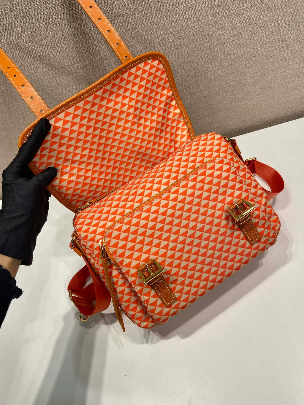PRADA MESSENGER BAG 25 IN ORANGE MIX CREAM TRIANGLE PATTERN EMBROIDERED FABRIC