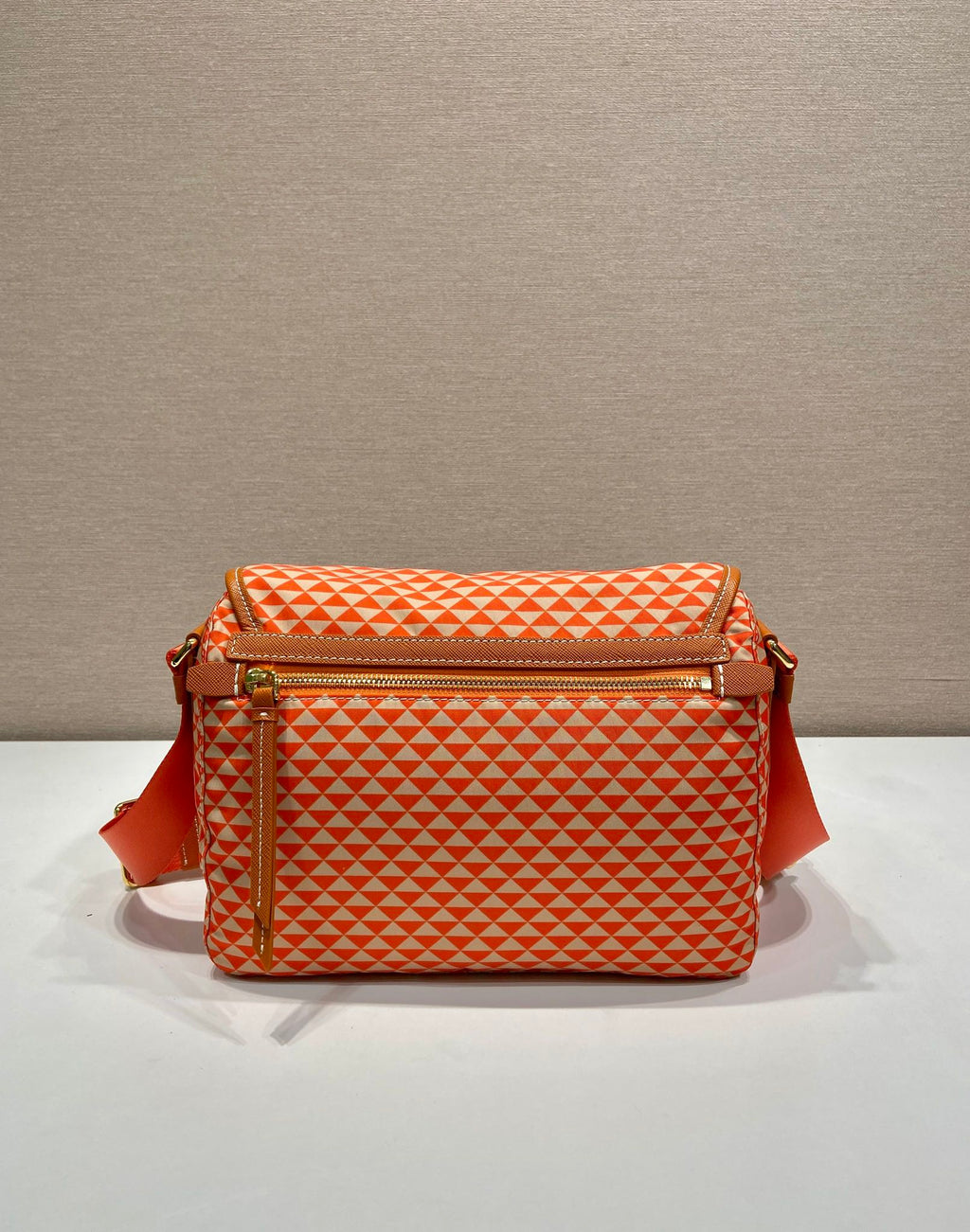 PRADA MESSENGER BAG 25 IN ORANGE MIX CREAM TRIANGLE PATTERN EMBROIDERED FABRIC