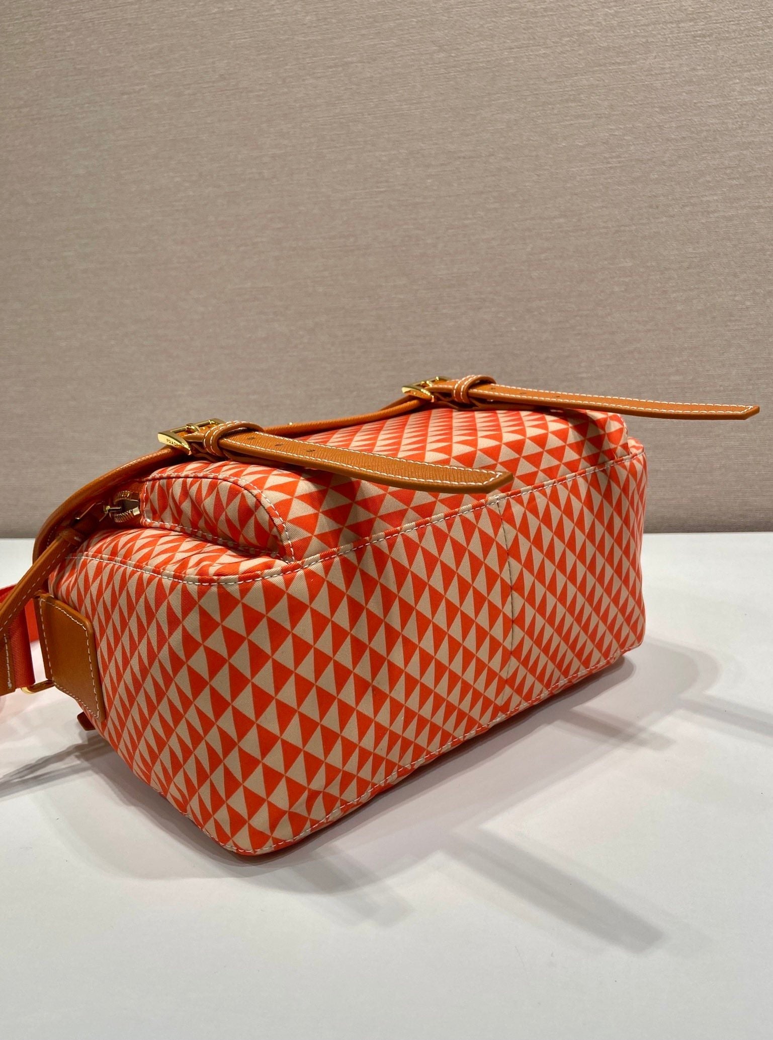 PRADA MESSENGER BAG 25 IN ORANGE MIX CREAM TRIANGLE PATTERN EMBROIDERED FABRIC