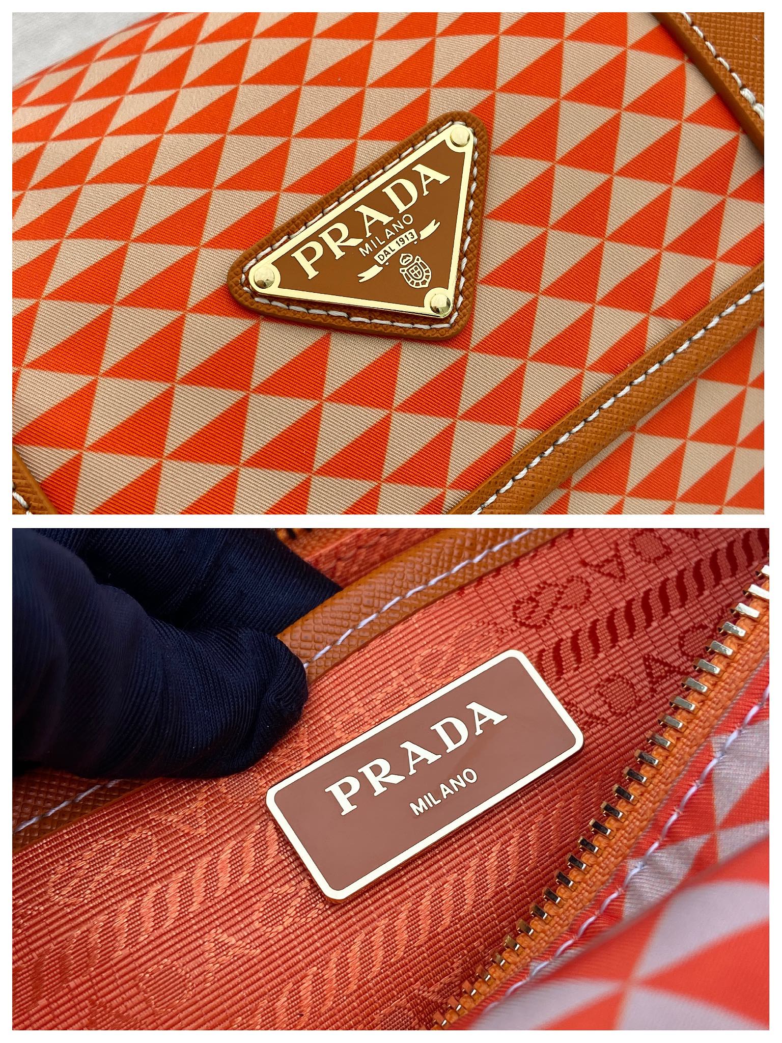 PRADA MESSENGER BAG 25 IN ORANGE MIX CREAM TRIANGLE PATTERN EMBROIDERED FABRIC