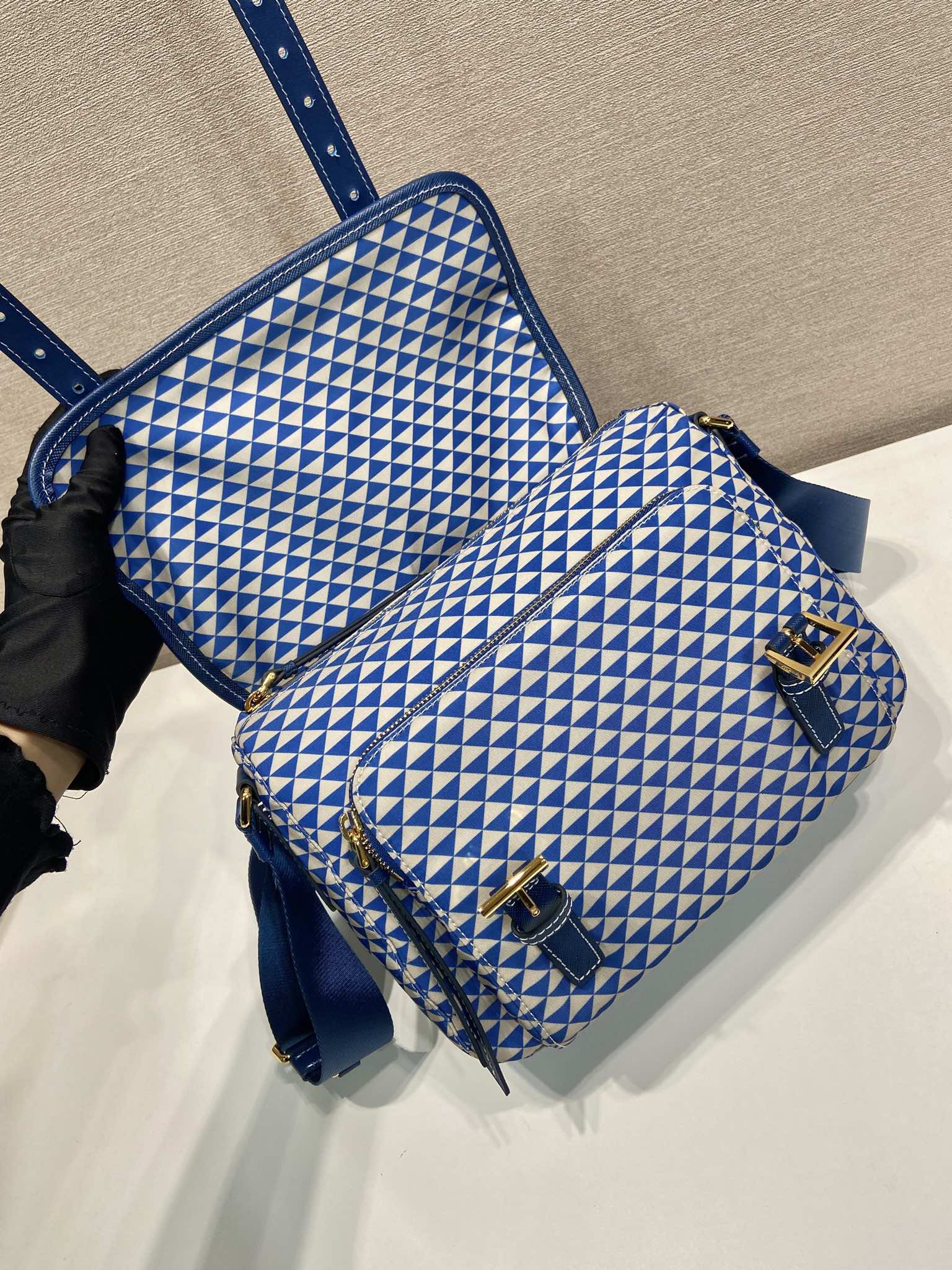 PRADA MESSENGER BAG 25 IN BLUE MIX WHITE TRIANGLE PATTERN EMBROIDERED FABRIC