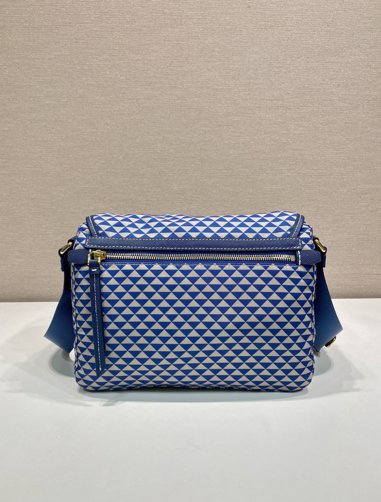 PRADA MESSENGER BAG 25 IN BLUE MIX WHITE TRIANGLE PATTERN EMBROIDERED FABRIC