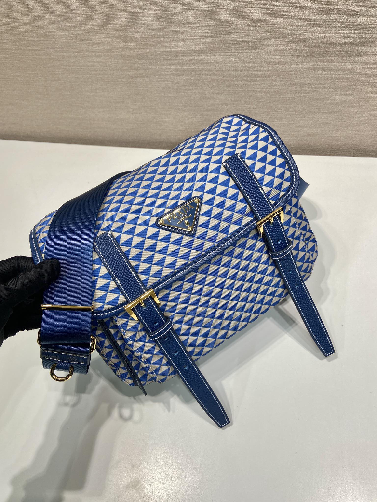 PRADA MESSENGER BAG 25 IN BLUE MIX WHITE TRIANGLE PATTERN EMBROIDERED FABRIC