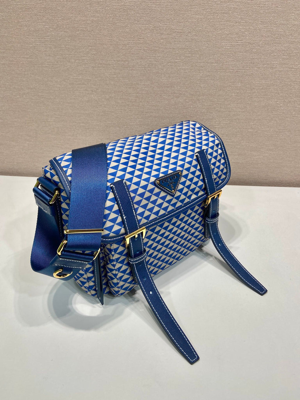PRADA MESSENGER BAG 25 IN BLUE MIX WHITE TRIANGLE PATTERN EMBROIDERED FABRIC