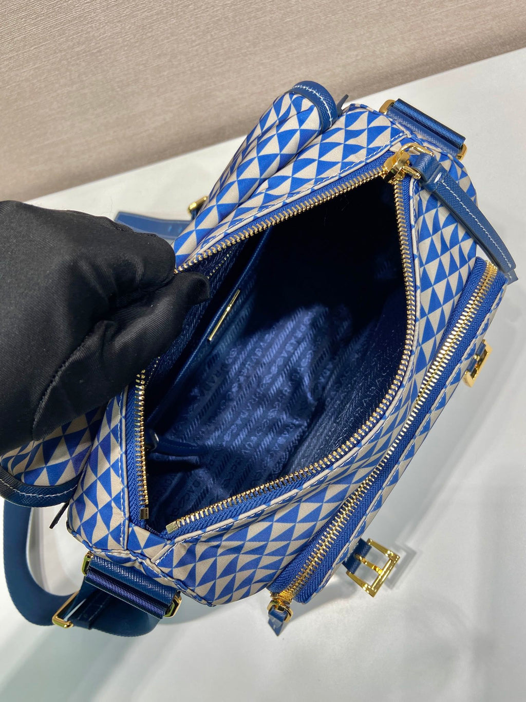 PRADA MESSENGER BAG 25 IN BLUE MIX WHITE TRIANGLE PATTERN EMBROIDERED FABRIC