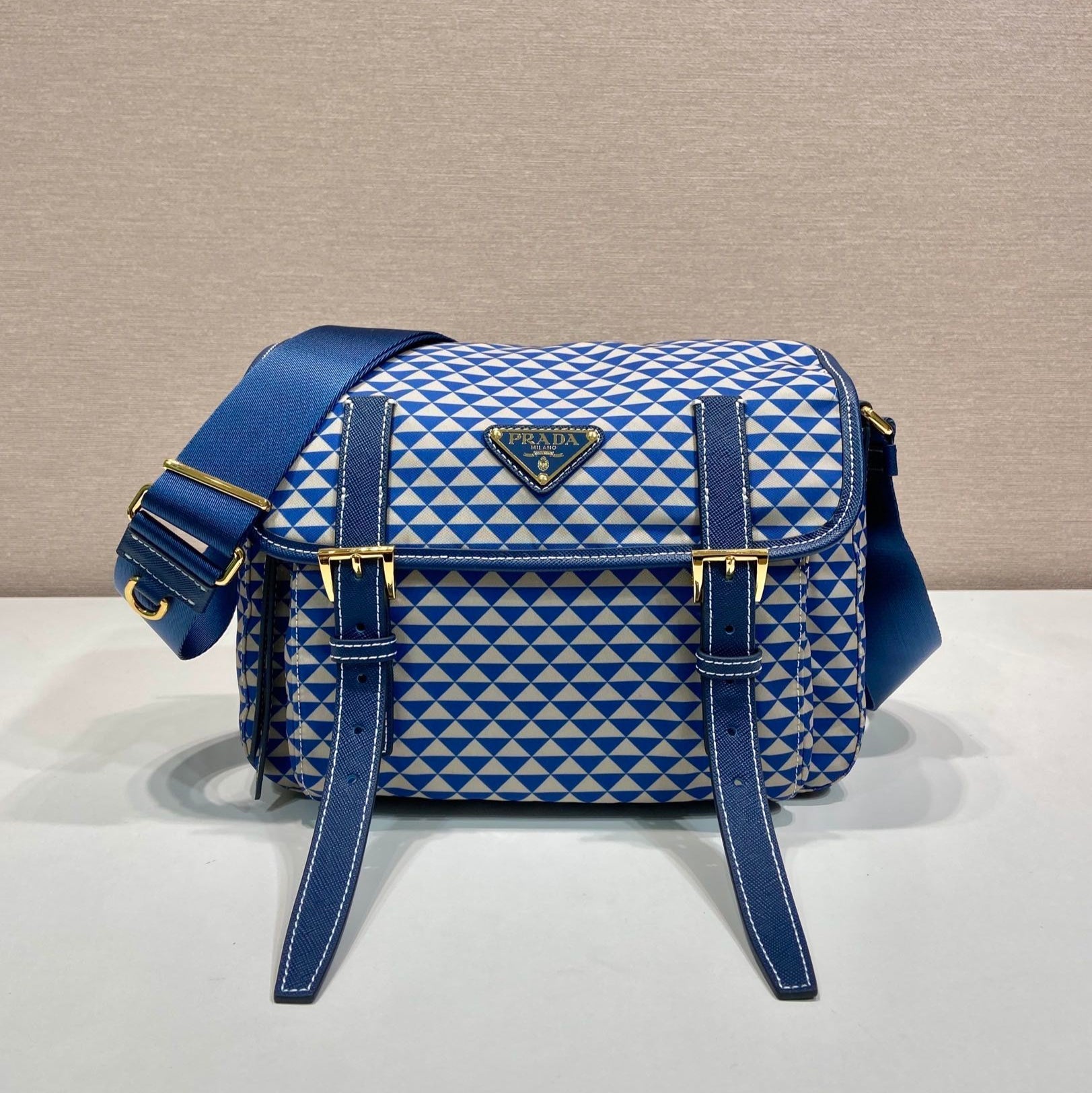 PRADA MESSENGER BAG 25 IN BLUE MIX WHITE TRIANGLE PATTERN EMBROIDERED FABRIC