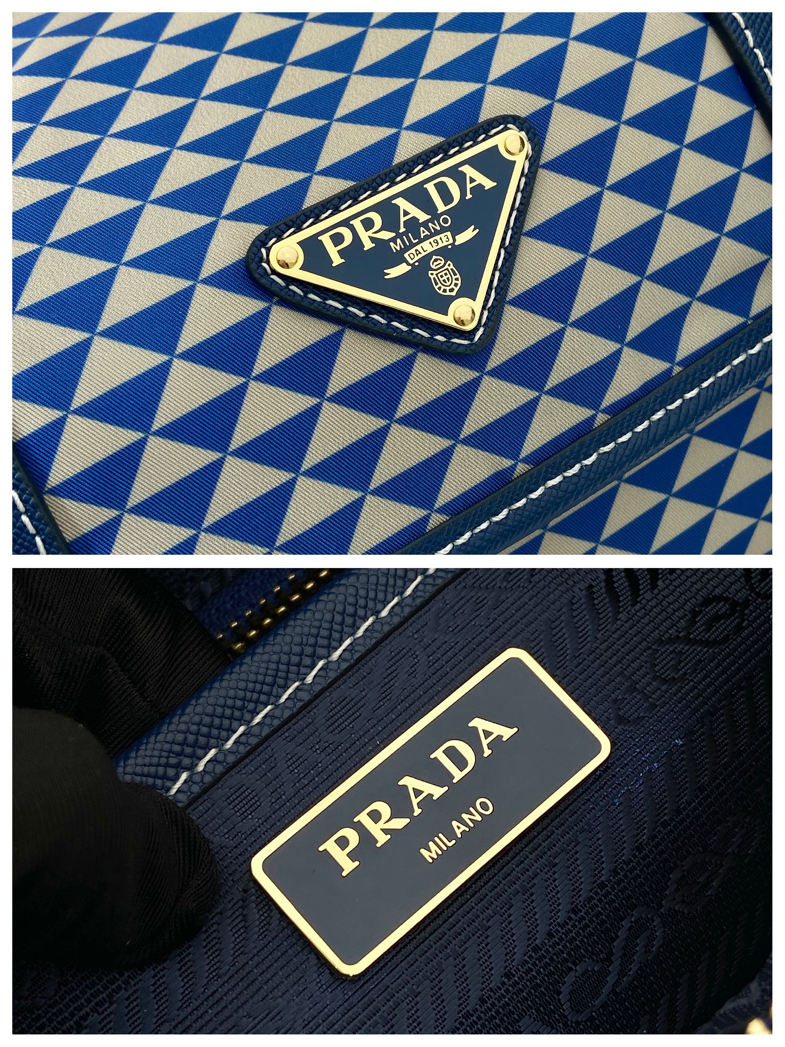 PRADA MESSENGER BAG 25 IN BLUE MIX WHITE TRIANGLE PATTERN EMBROIDERED FABRIC